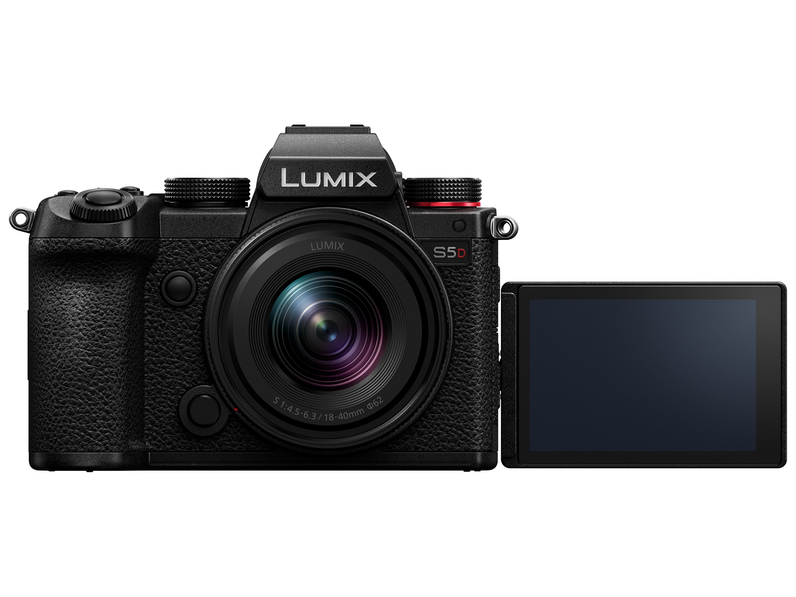 Lumix DC-S5D + Lumix S 18-40mm F4.5-6.3 Panasonic Lumix DC-S5D Systemkamera mit 18-40mm Objektiv, Frontalansicht mit ausgeklapptem Bildschirm