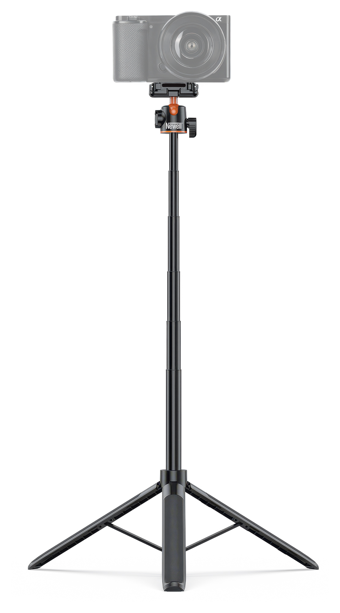 Newell M-Pod – Vorderansicht des ausgezogenen Selfie-Sticks mit Stativfunktion und Kamerahalterung