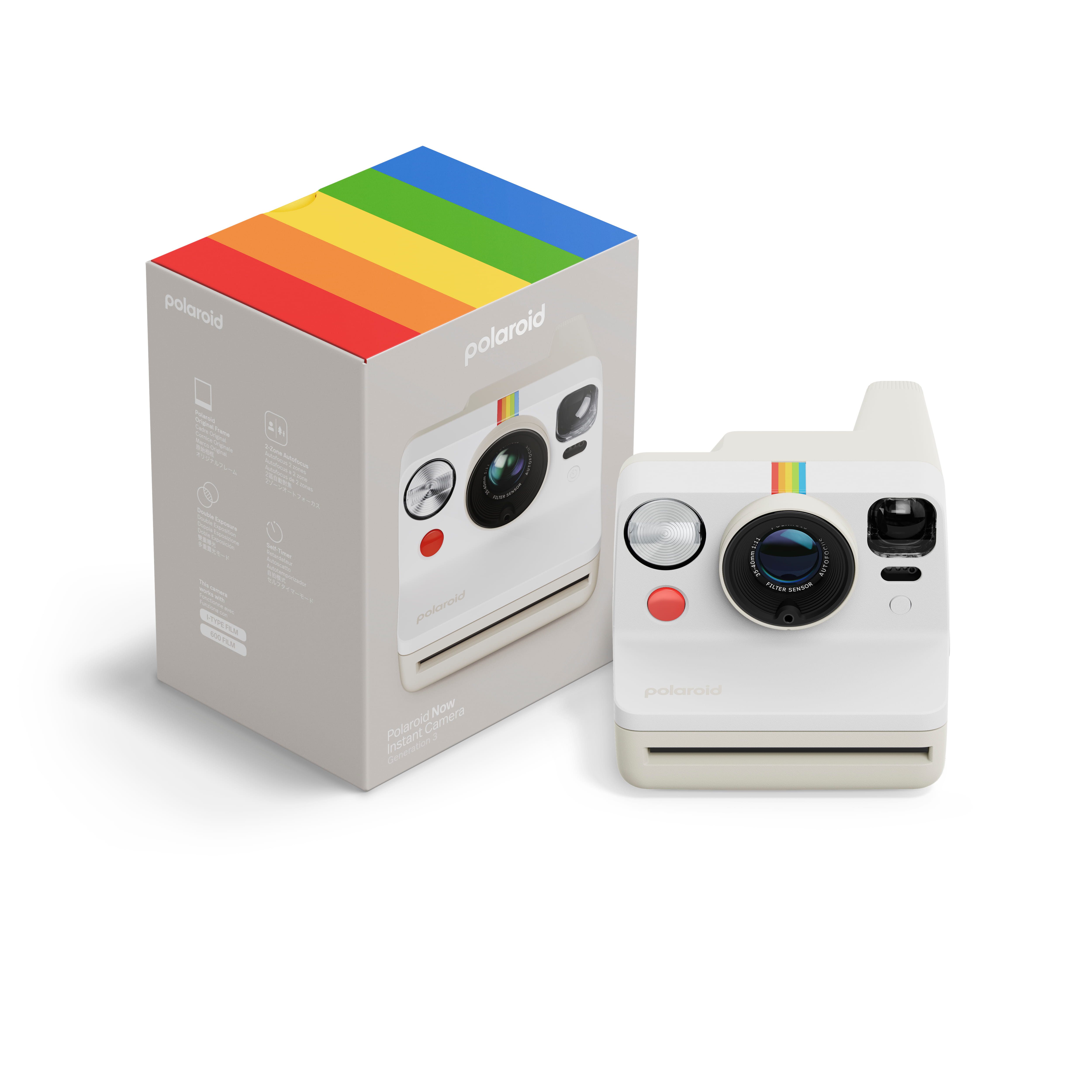 Polaroid Now Gen 3 weiß – Vorderansicht mit Kamera und Verpackung, Produktbox mit farbigem Streifen oben