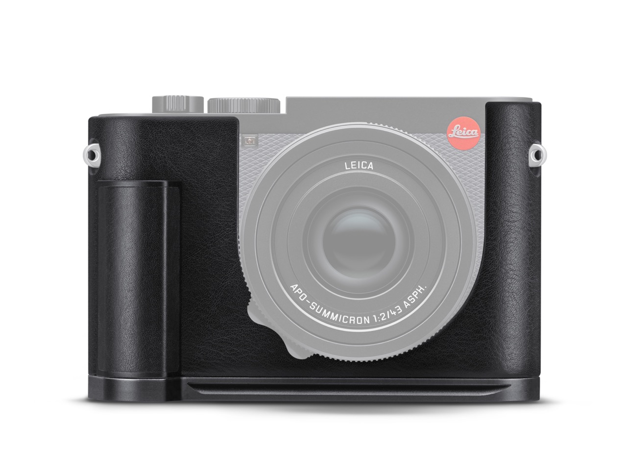 Multifunctional Leather Protector Q3 (schwarz) Leica Multifunctional Leather Protector für die Leica Q3 in der Farbe Schwarz, Frontalansicht mit eingeblendeter und ausgegrauter Leica Q3