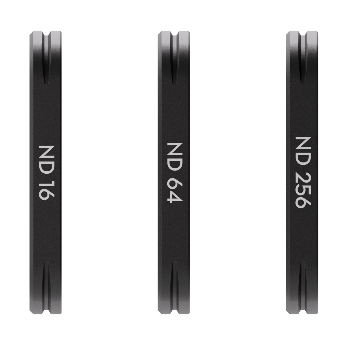 DJI Osmo Pocket 3 ND Filterset – Seitenansicht der drei Filter mit Beschriftung ND16, ND64 und ND256