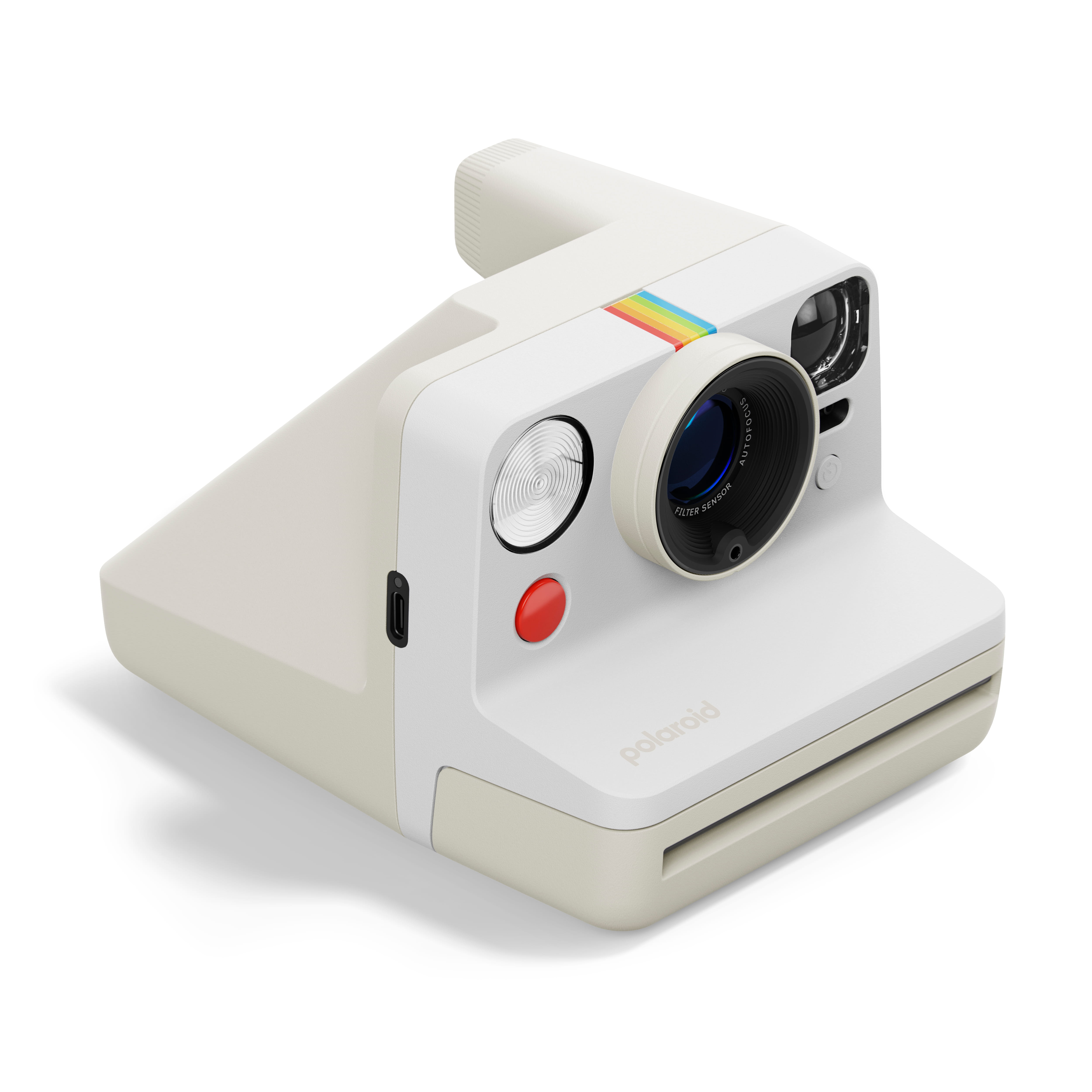 Polaroid Now Gen 3 weiß– schräge Vorderansicht mit Objektiv, Blitz und markantem Gehäusedesign