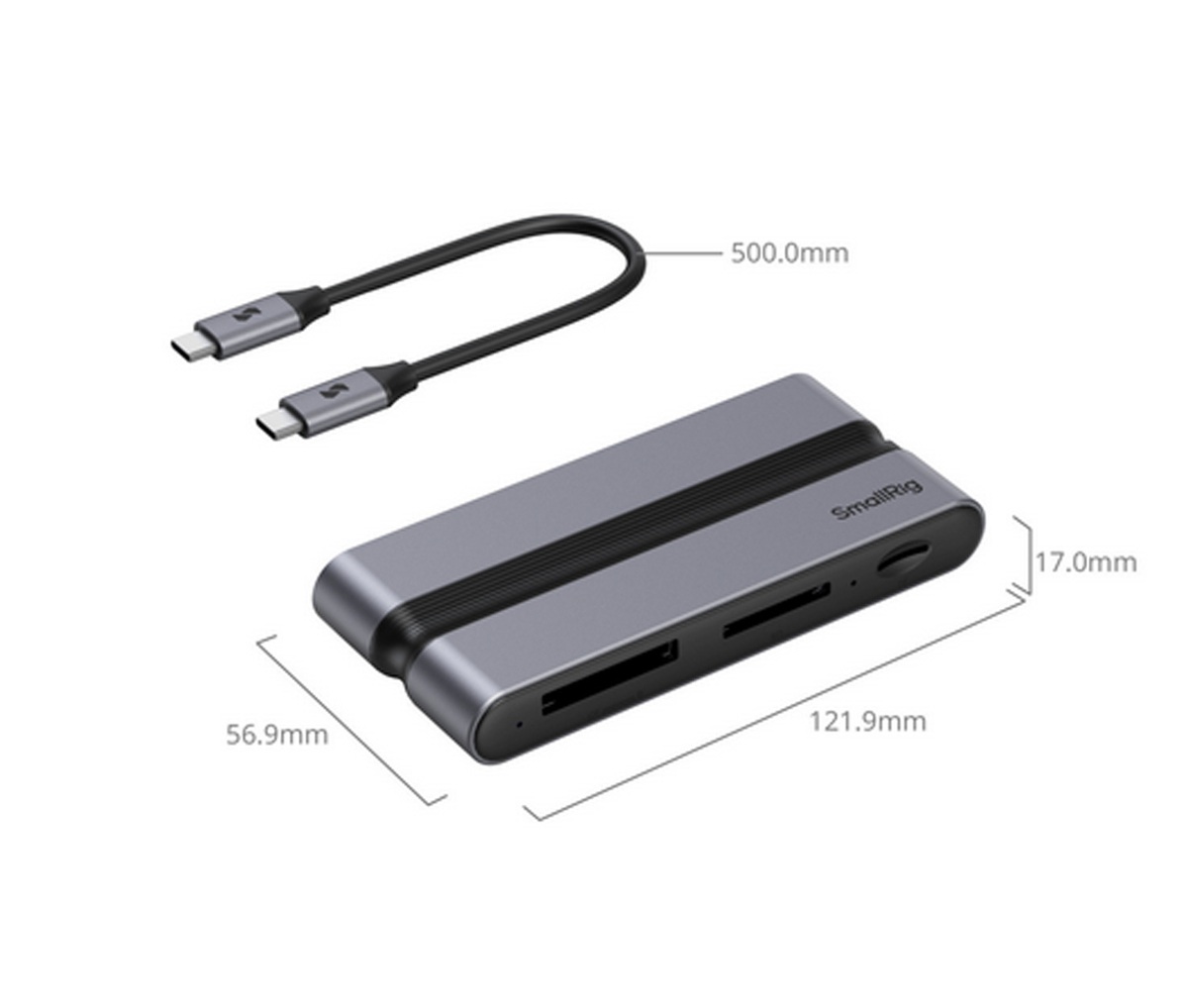 SmallRig 4662 CFexpress 9-in-1 Dockingstation – Darstellung mit USB-C Kabel sowie Maßangaben zu Größe und Länge