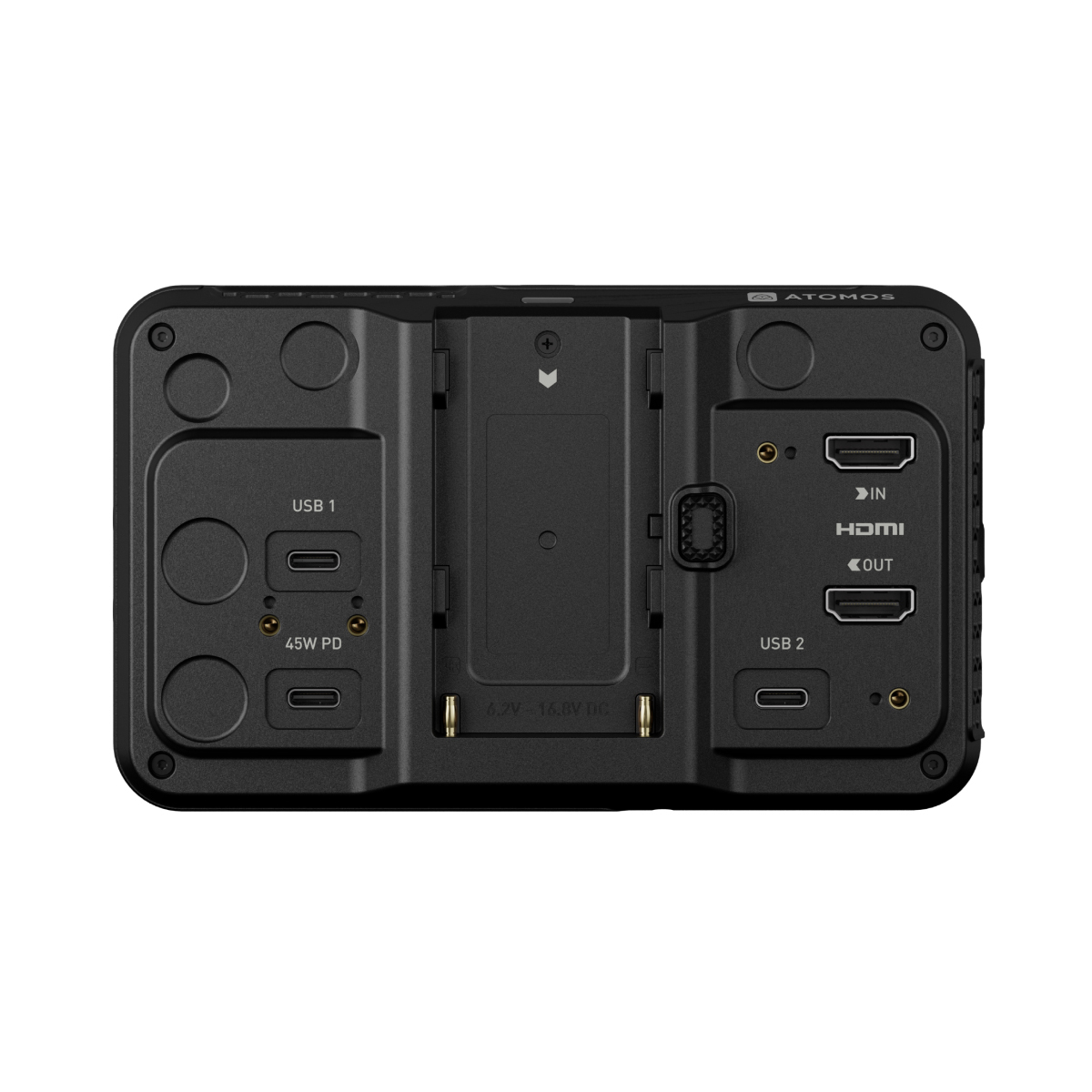 Atomos Ninja 5 Zoll HDMI Monitor-Recorder – Rückseite mit Anschlüssen für HDMI, USB und Stromversorgung