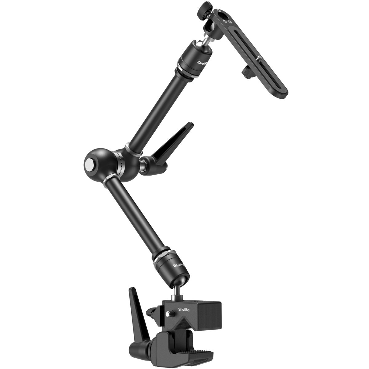 SmallRig 4862 Super Clamp mit Magic Arm – schräge Vorderansicht der Klemme mit Gelenkarm und Kamerahalterung
