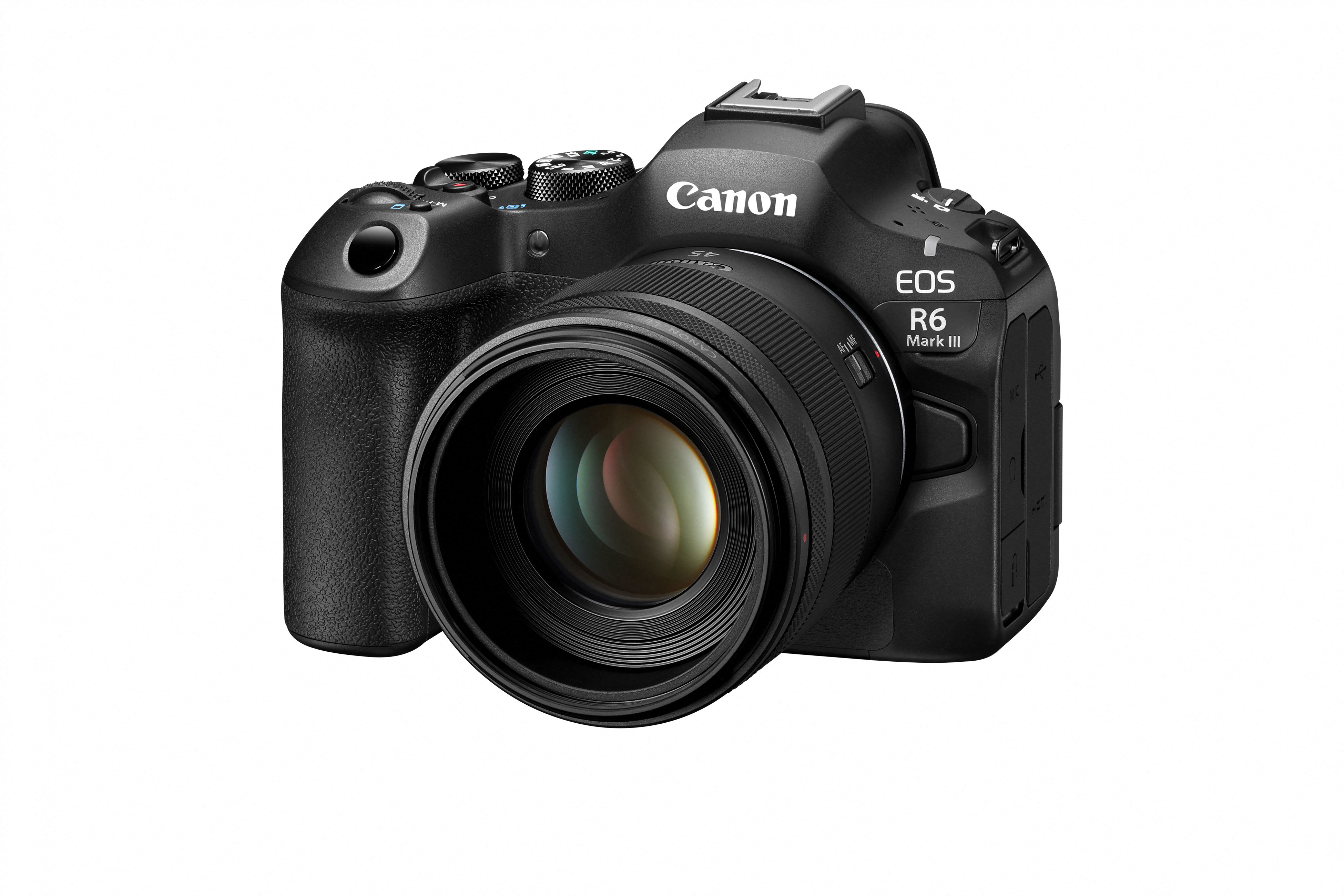 Canon EOS R6 Mark III – spiegellose Vollformatkamera in schräger Vorderansicht mit montiertem RF-Objektiv