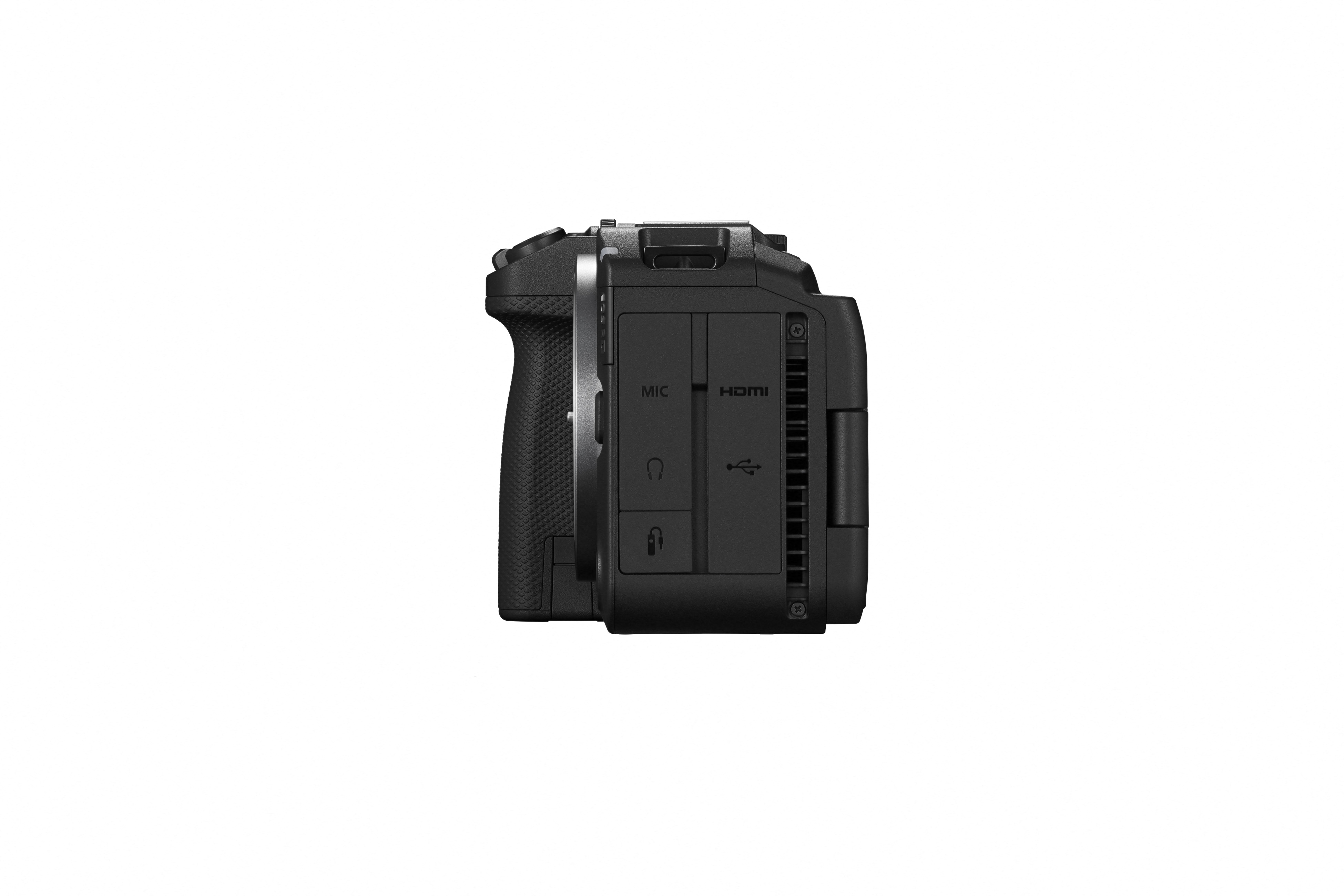 Canon EOS R6 V spiegellose Vollformatkamera mit HDMI-, USB- und Audioanschlüssen in rechter Seitenansicht