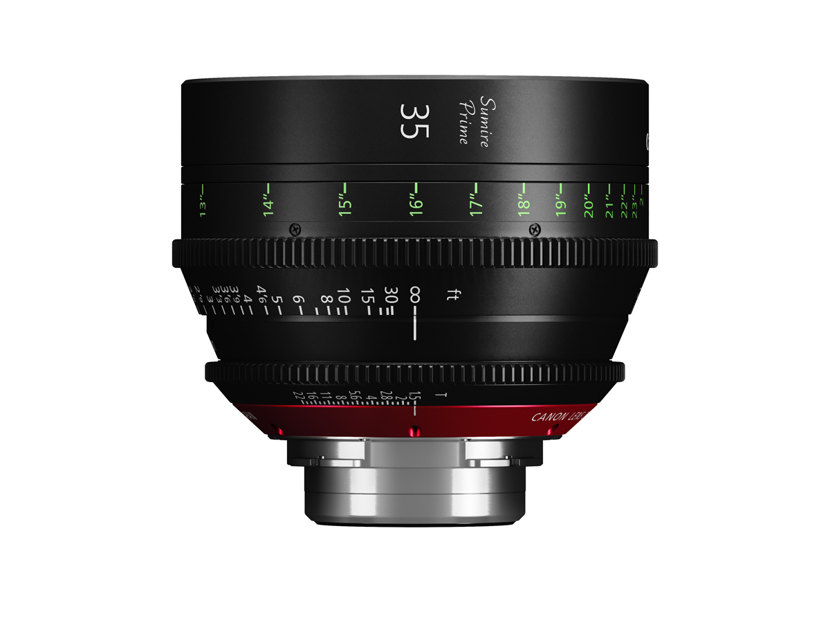 Canon CN-E 35 mm T1.5 FP X Sumire Prime Cine-Objektiv in Vorderansicht mit Fokus- und Blendenmarkierungen.