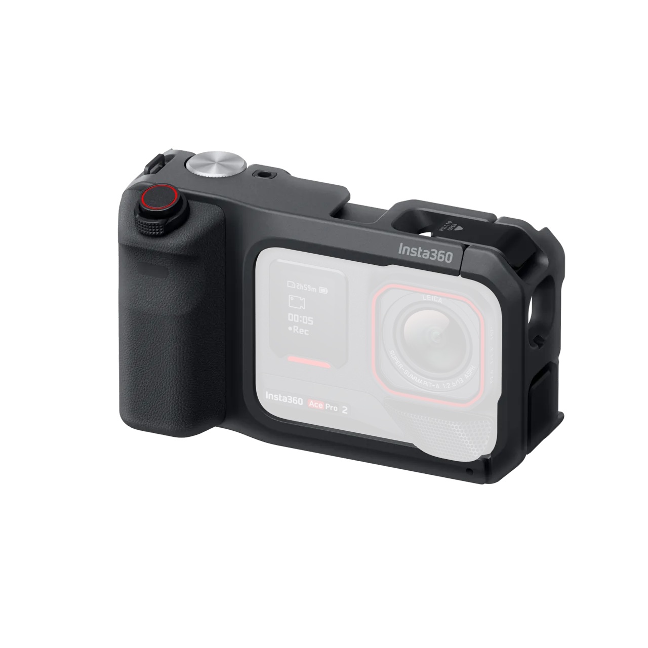 Insta360 Xplorer Pro-Grip-Kit mit montierter Insta360 Ace Pro 2 in schräger Vorderansicht mit Griff