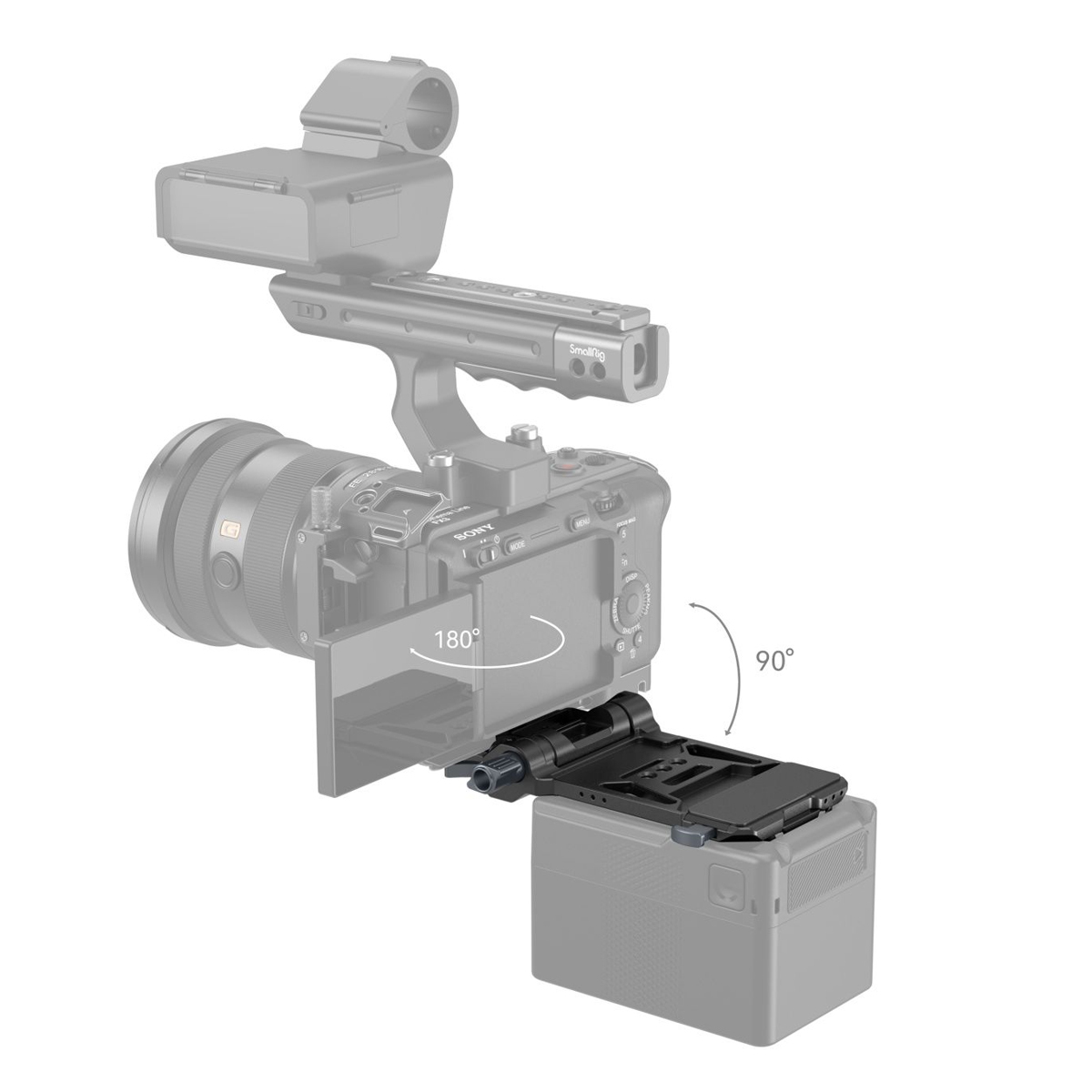 4505 V-Mount Akku-Montageplatte SmallRig 4505 V-Mount Akku-Montageplatte, Montiert auf Kamerarückem und heruntergeklappt mit V-Mount AKku