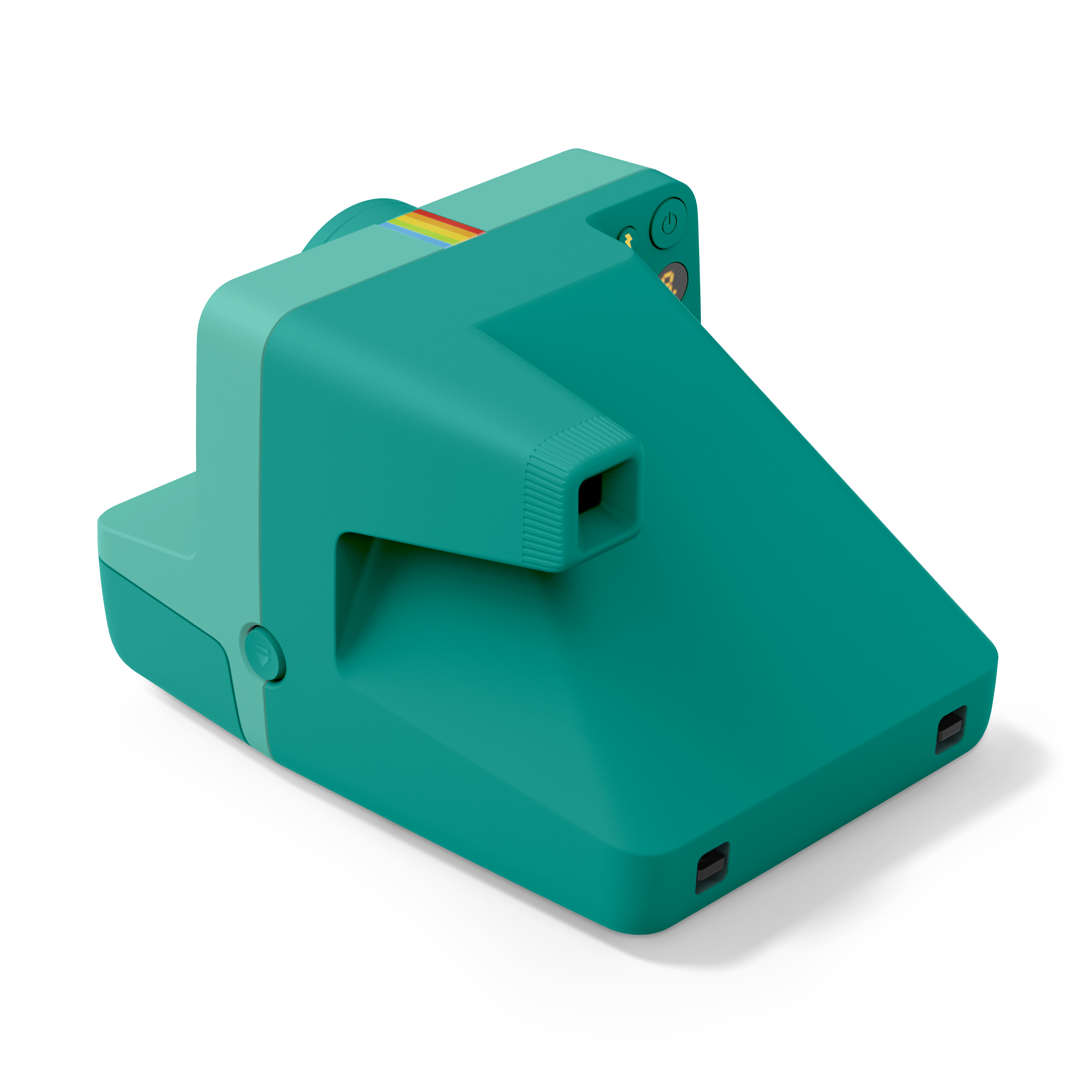 Polaroid Now Generation 3 in Tale – schräge Rückansicht mit Sucher und Bedienelementen