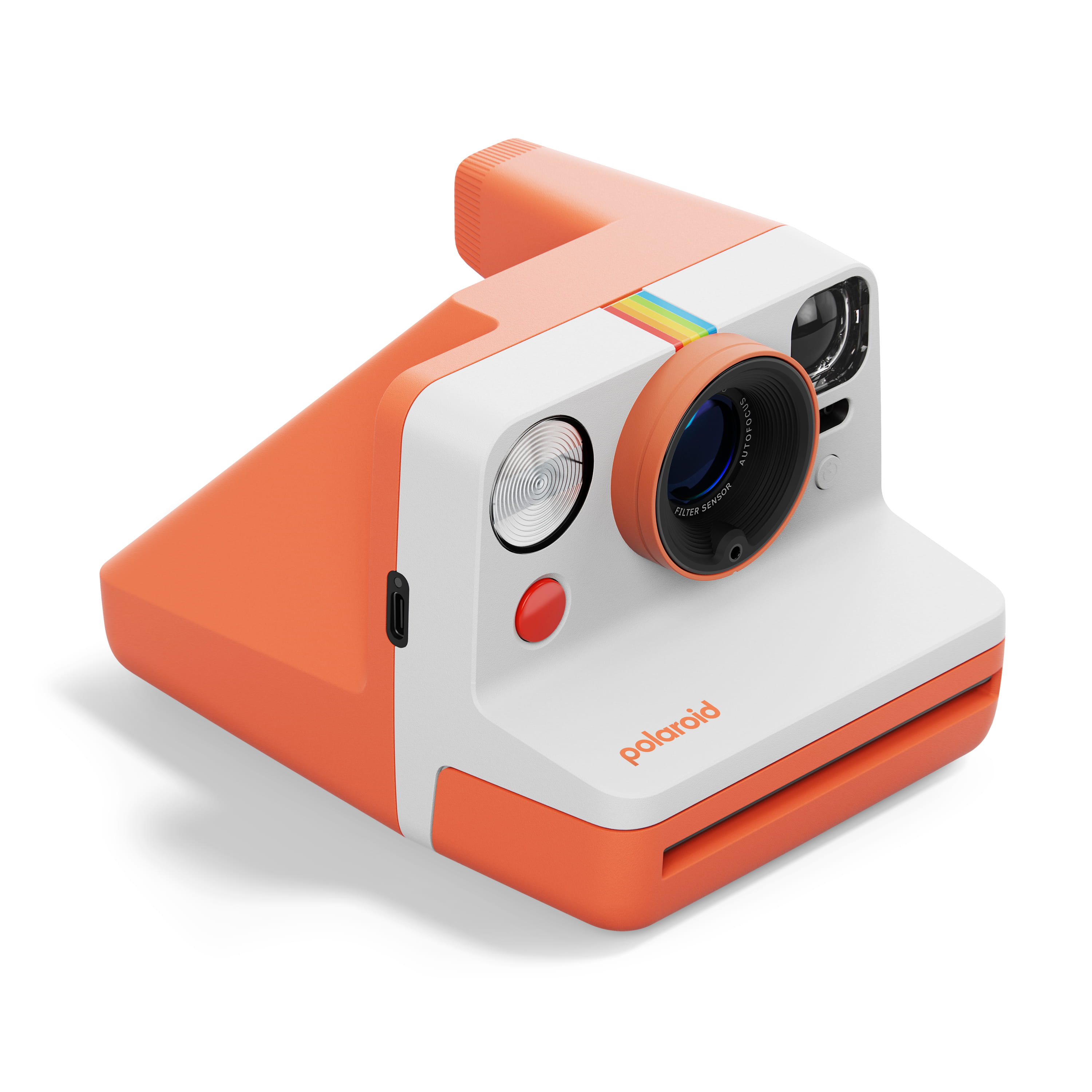 Polaroid Now Gen 3 coral – schräge Vorderansicht mit Objektiv, Blitz und markantem Gehäusedesign