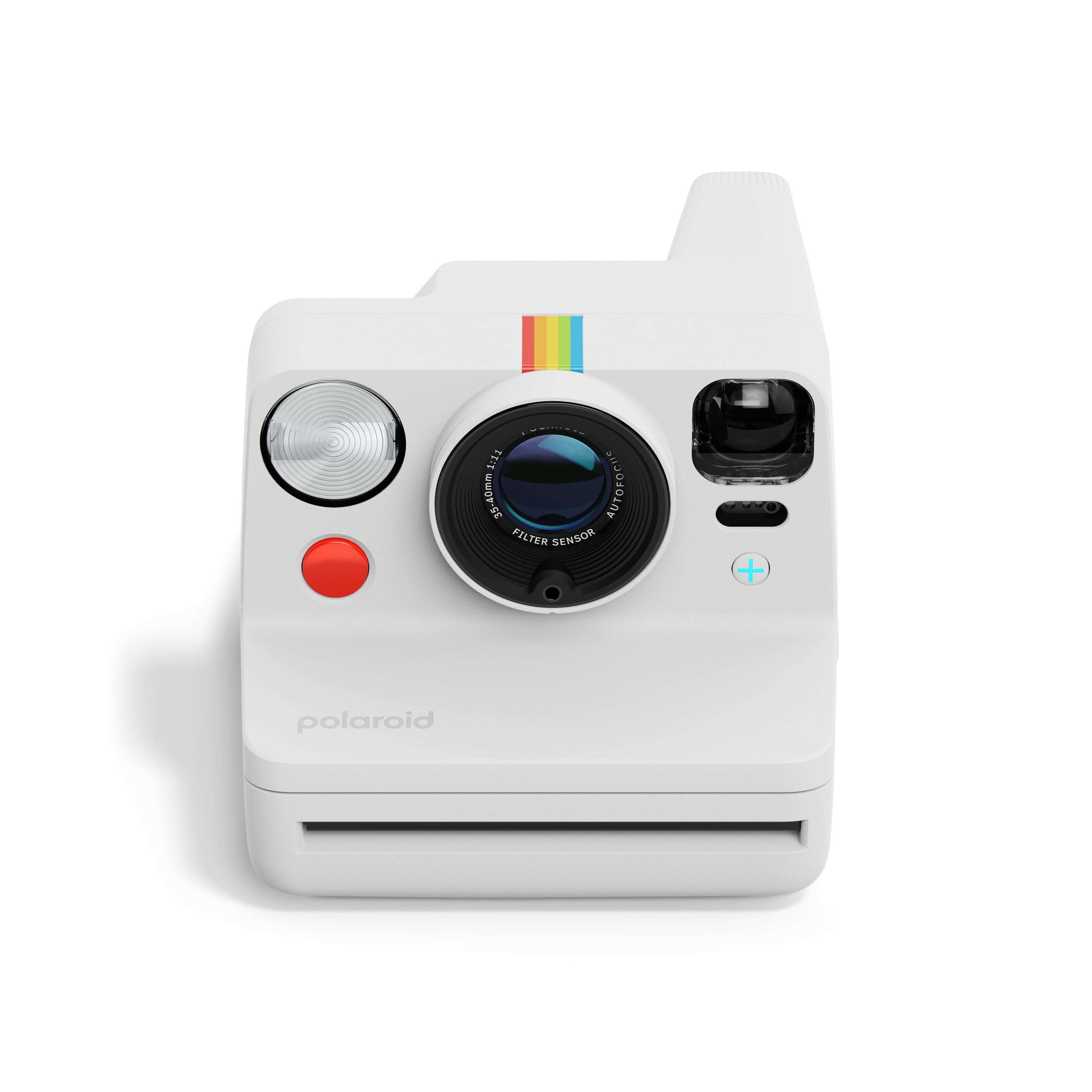 Polaroid Now Gen 3 Plus weiß – Vorderansicht mit Objektiv, Blitz, Auslöser und Filmausgabe