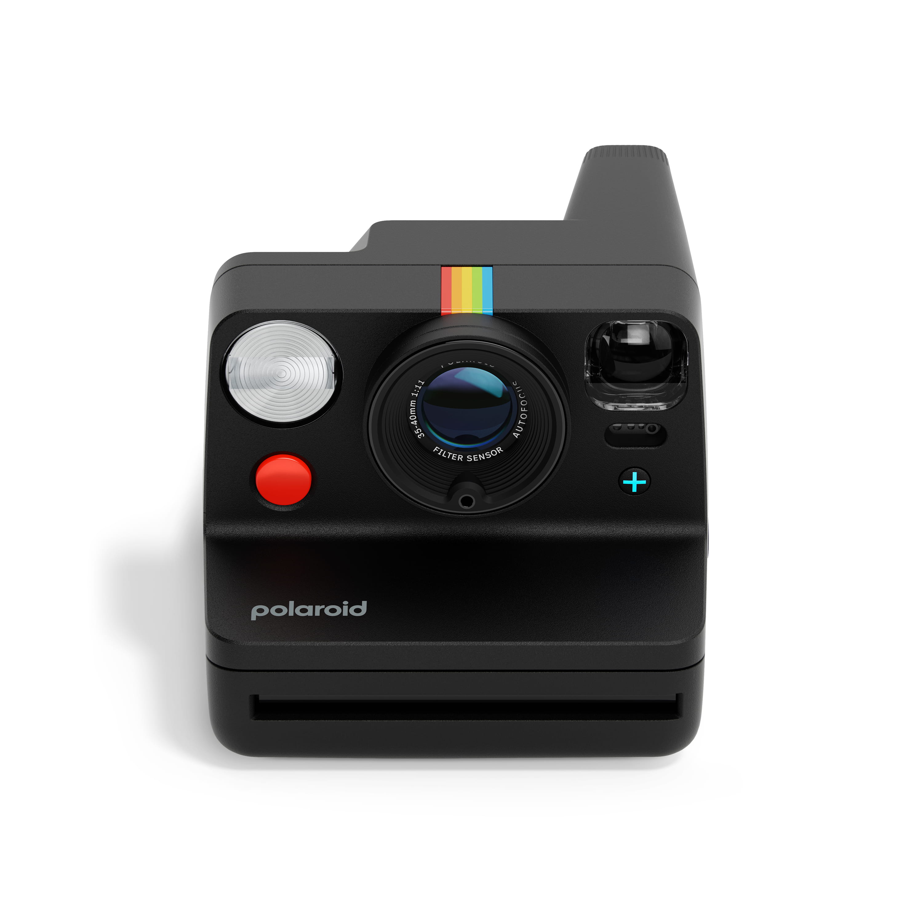 Polaroid Now Gen 3 Plus schwarz – Vorderansicht mit Objektiv, Blitz, Auslöser und Filmausgabe