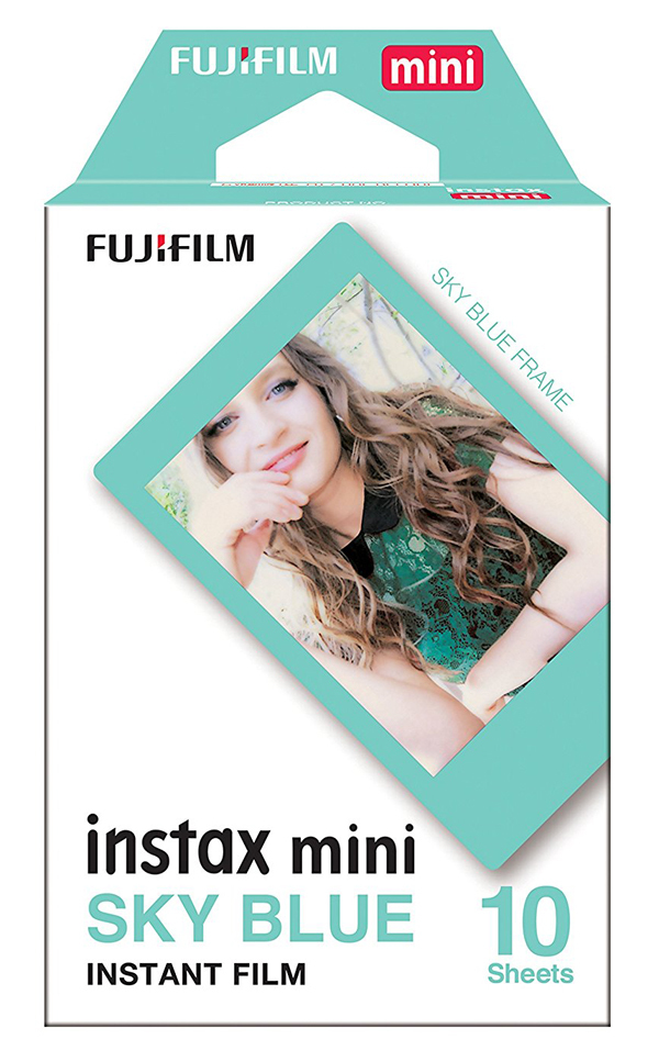 Fujifilm Instax Mini Sky Blue Frame Instant Film – Vorderansicht der Verpackung mit blauem Rahmen und 10 Aufnahmen