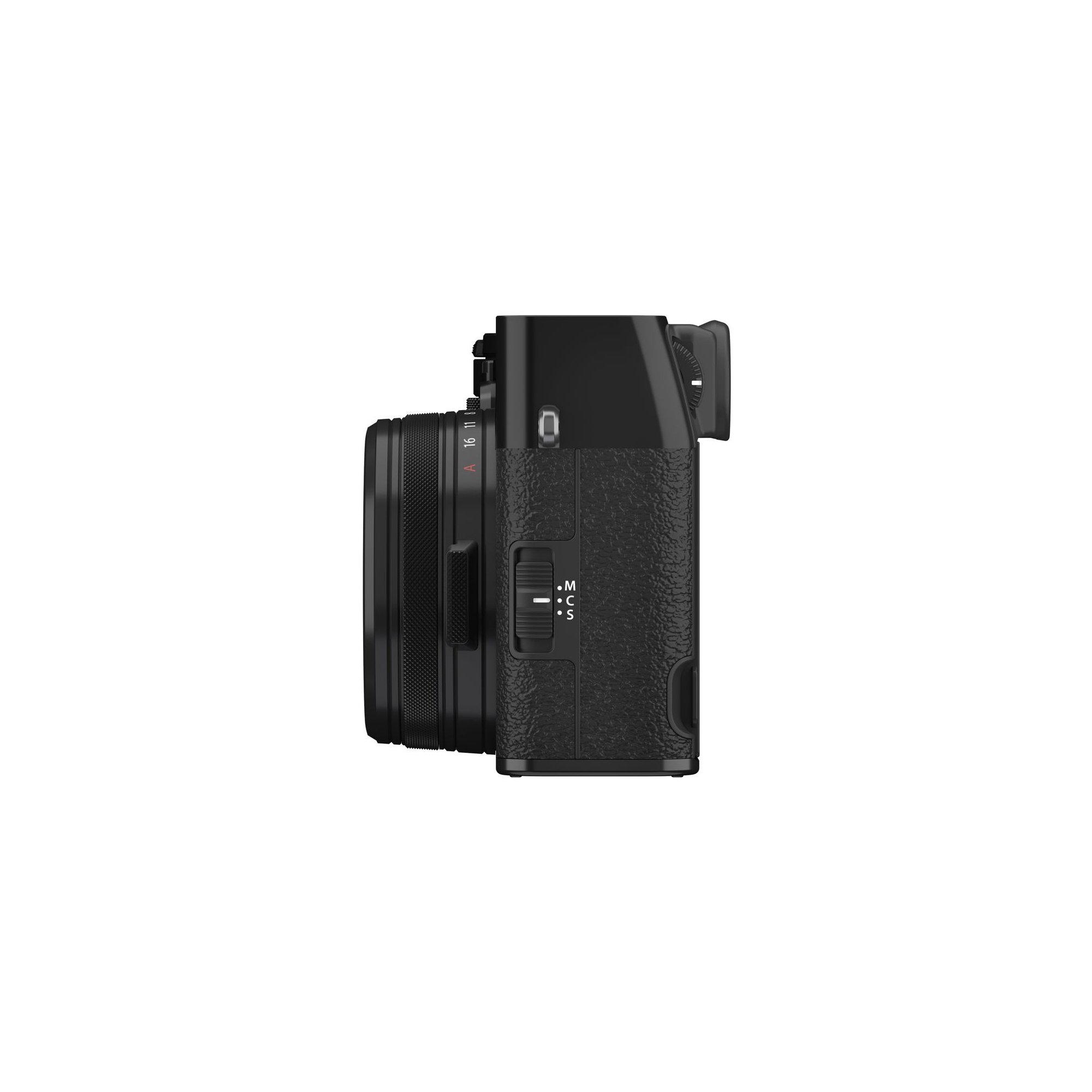 Fujifilm X100VI in Schwarz – linke Seitenansicht mit Objektiv und strukturiertem Kameragehäuse