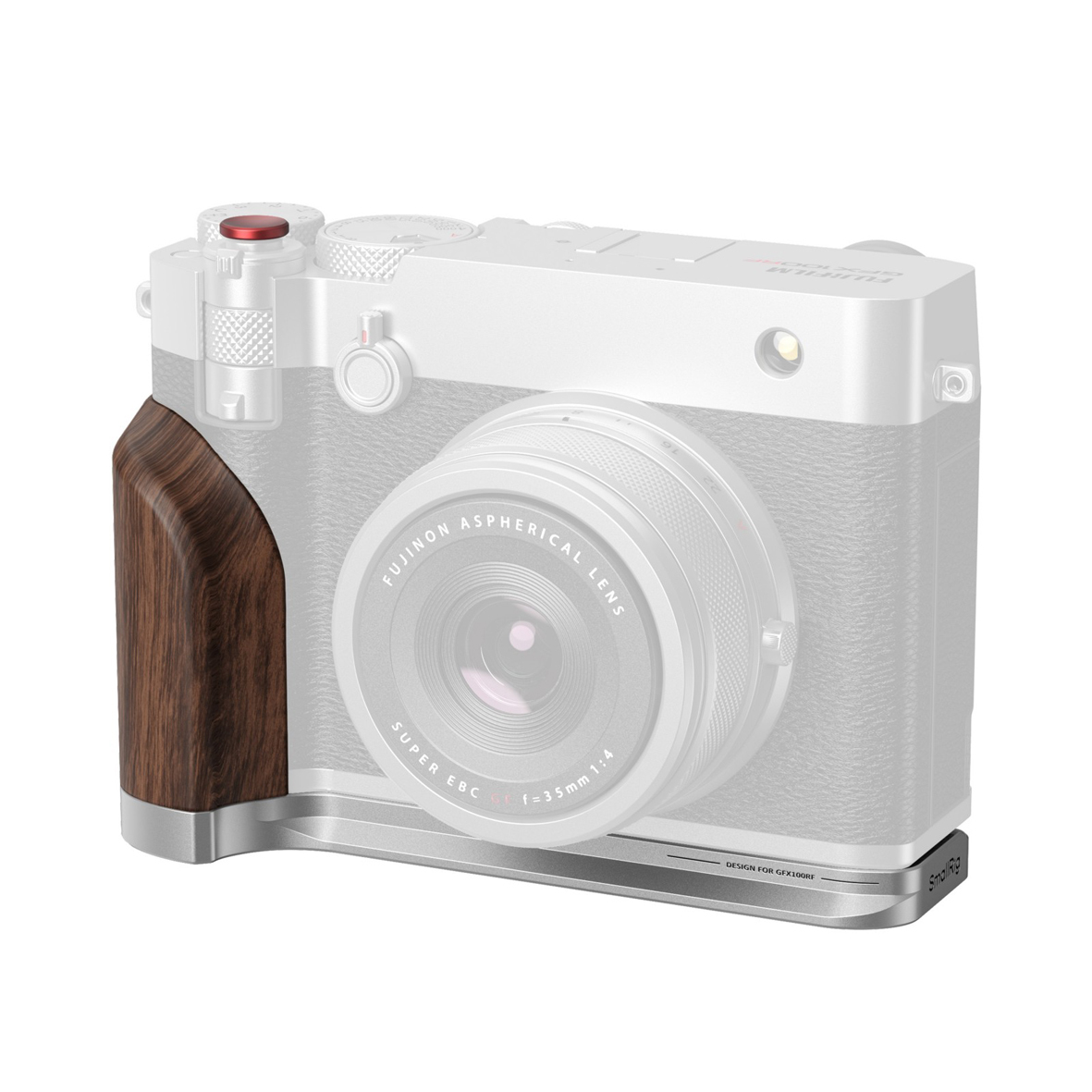 SmallRig 5265 L-Platte mit Holzgriff an Fujifilm GFX100RF montiert – Seitenansicht mit ergonomischem Griff
