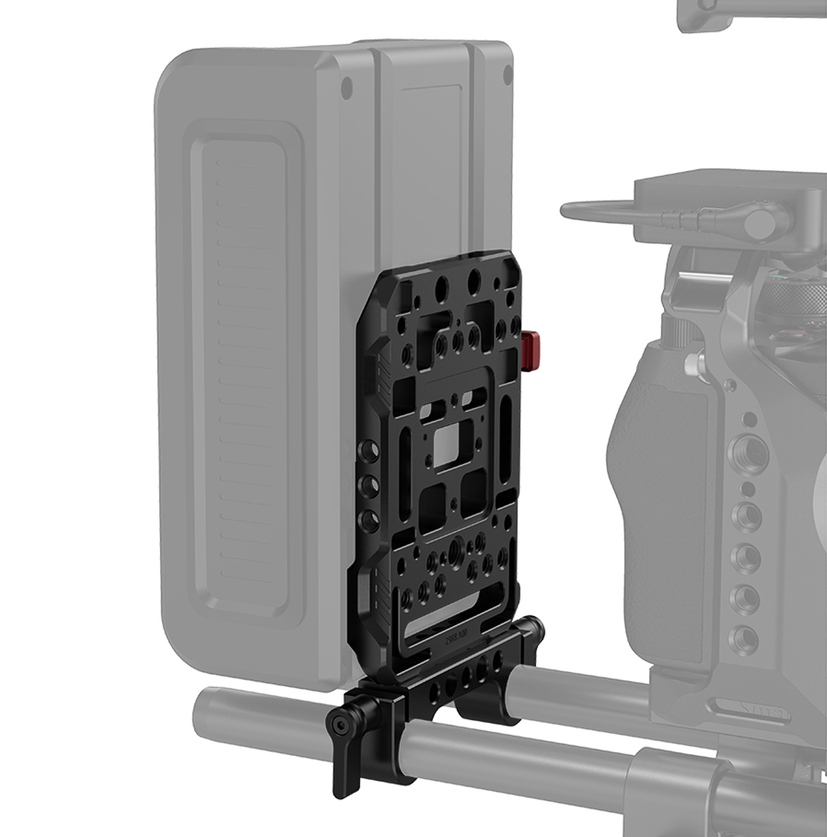 SmallRig V-Mount Batterieplatte mit 15mm Stabklemme – montiert an Kamera-Rig mit V-Mount Akkuhalterung