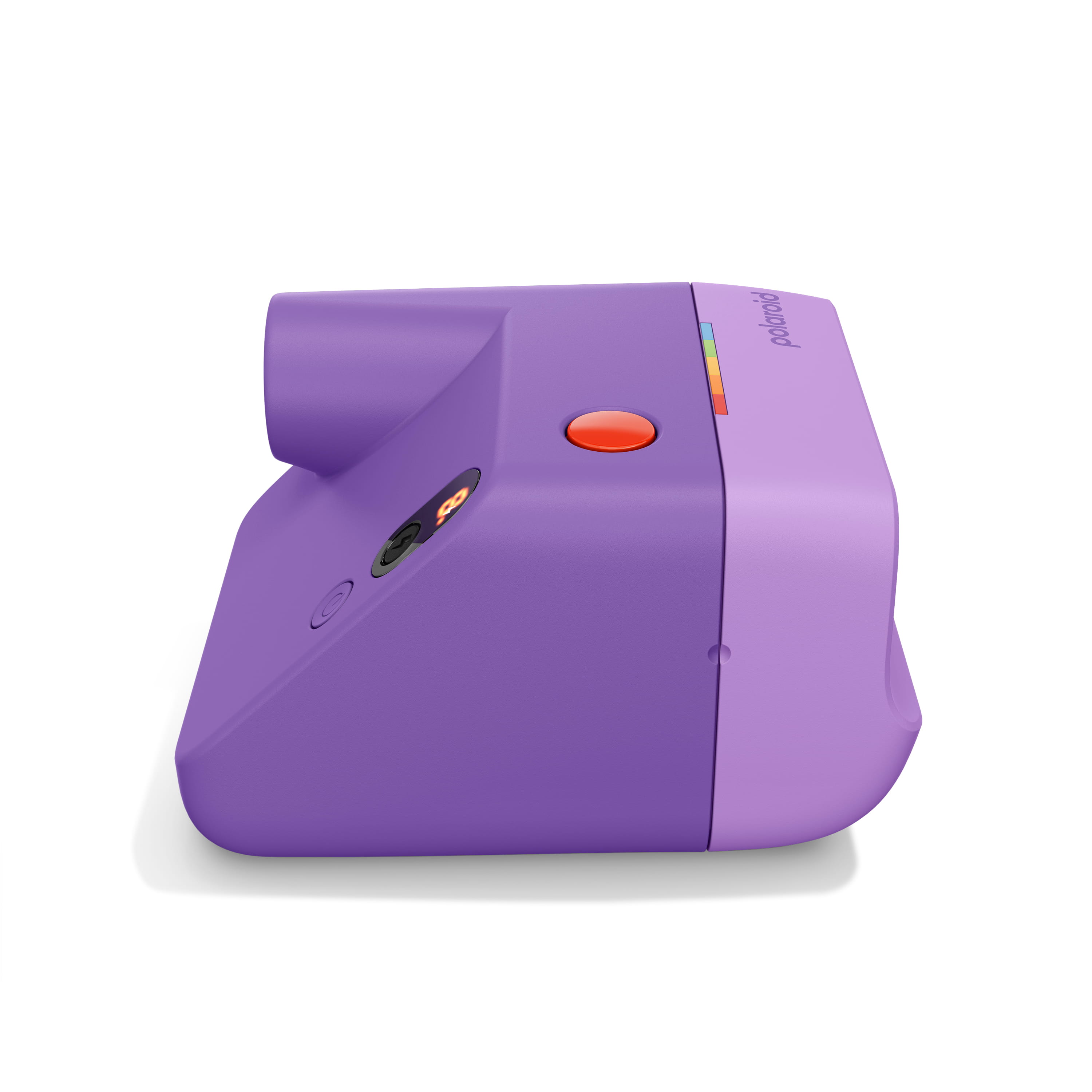 Linke Seitenansicht der Polaroid Go Generation 3 in Lila mit Gehäuseprofil und Bedienelementen