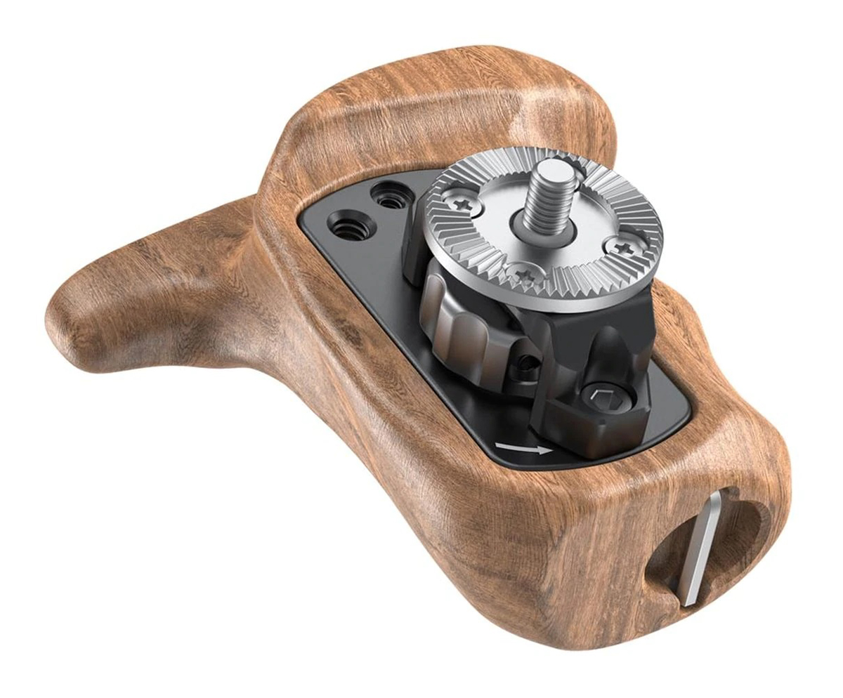 SmallRig 1891B Holzgriff links mit ARRI Rosette – Vorderansicht mit Holzoberfläche und integrierter Rosettenaufnahme