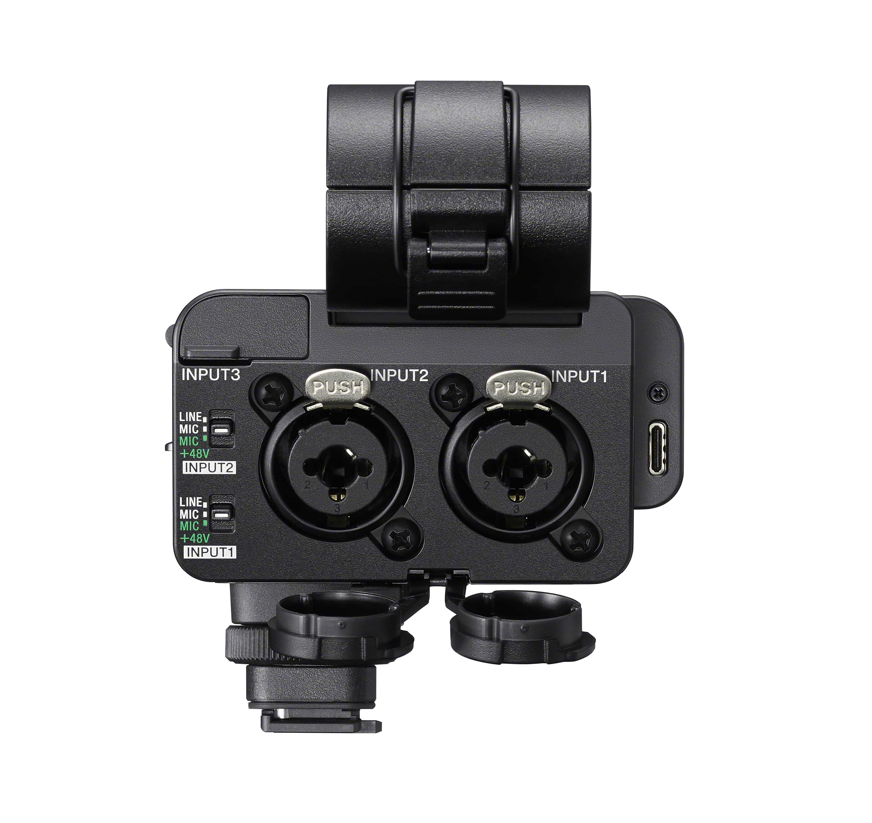 Sony XLR-A4 Audioadapter mit XLR-Eingängen und Anschlussfeld in Rückansicht