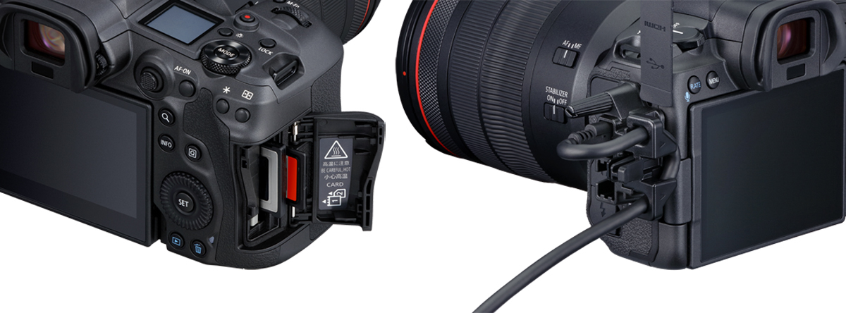 Canon EOS R5 Gehäuse mit geöffnetem Kartenfach und angeschlossenem Kabel an den Schnittstellen