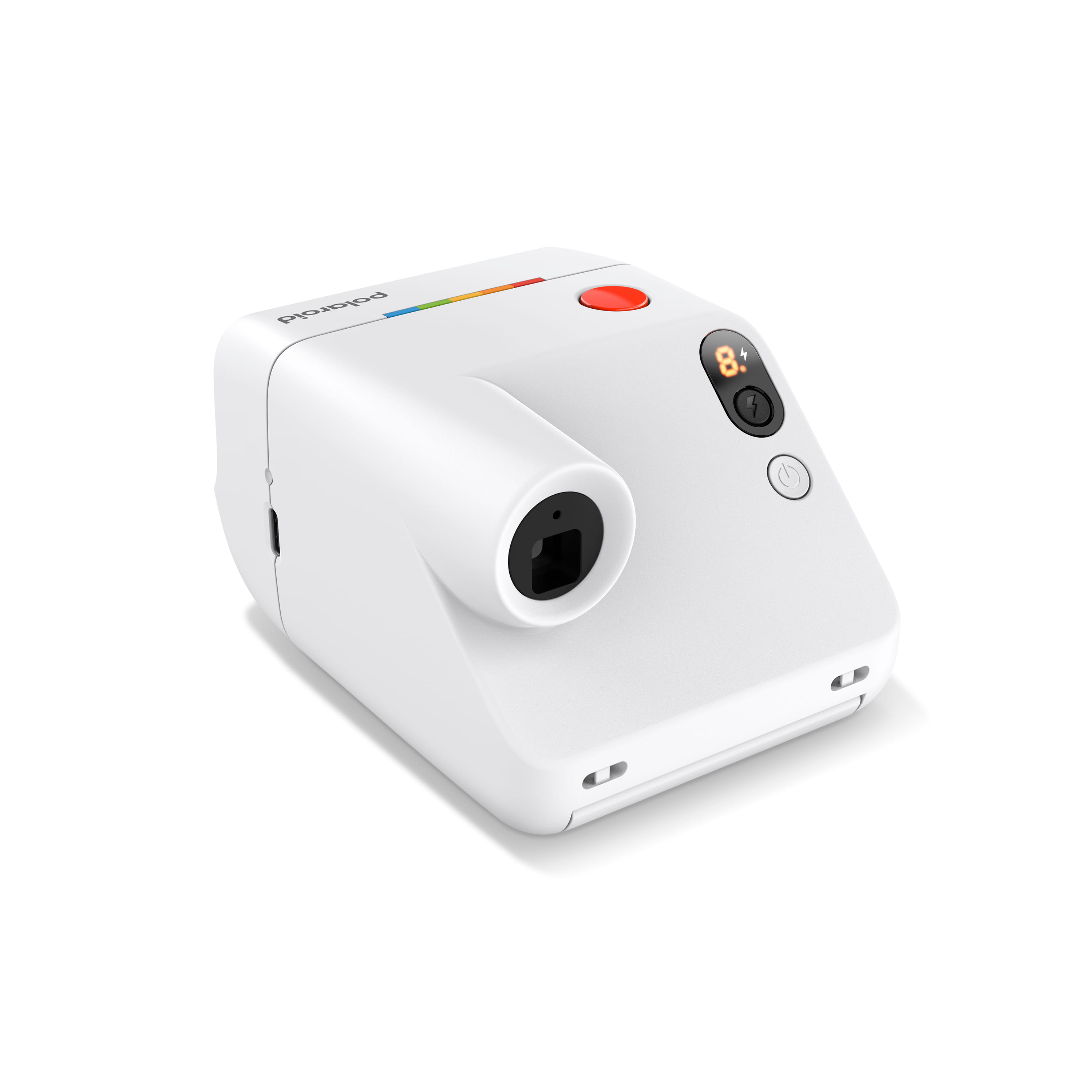 Polaroid Go Generation 3 in Weiß in schräger Rückansicht mit Sucher, Display und Bedienelementen