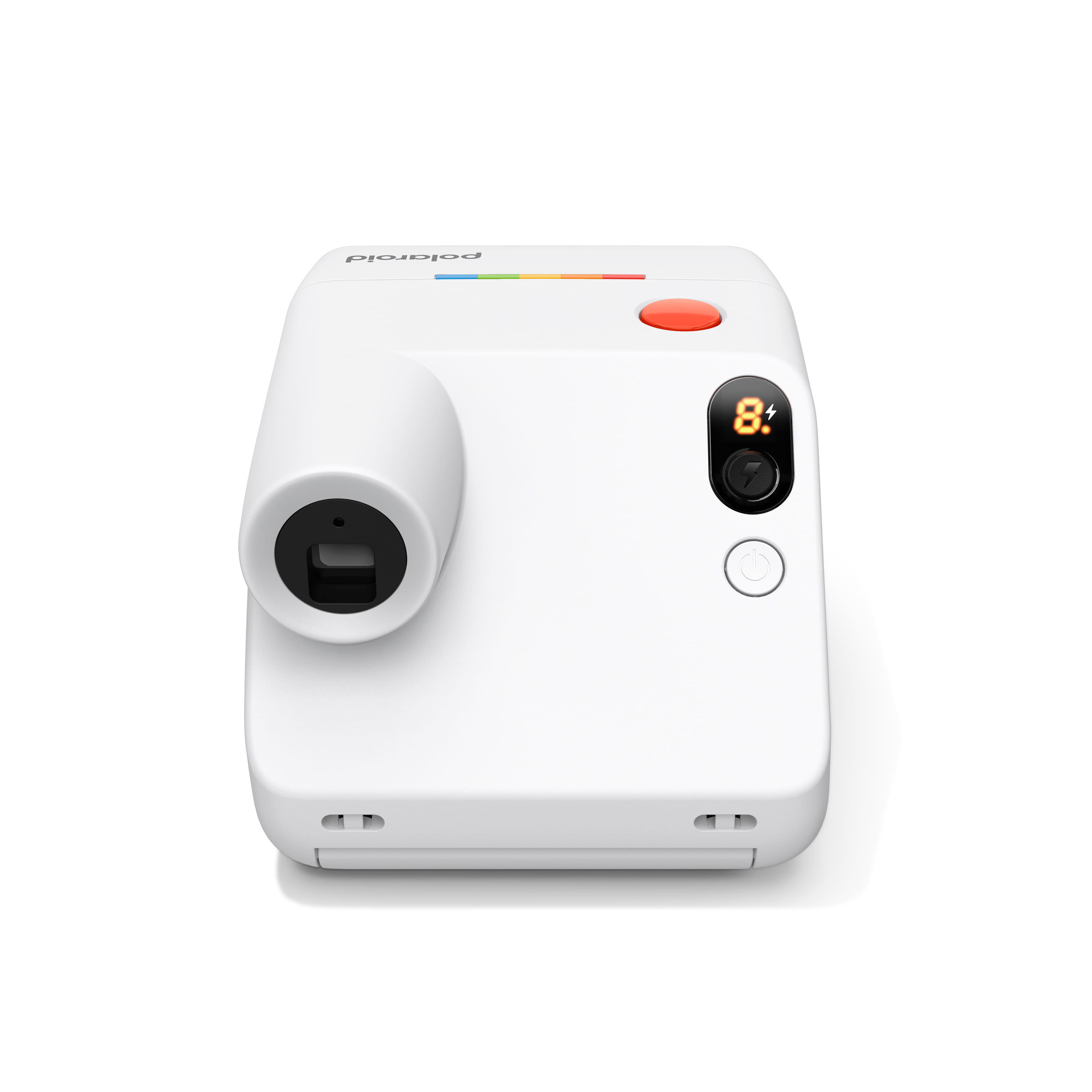 Polaroid Go Generation 3 in Weiß in Rückansicht mit Sucher, Statusanzeige und Auslöser