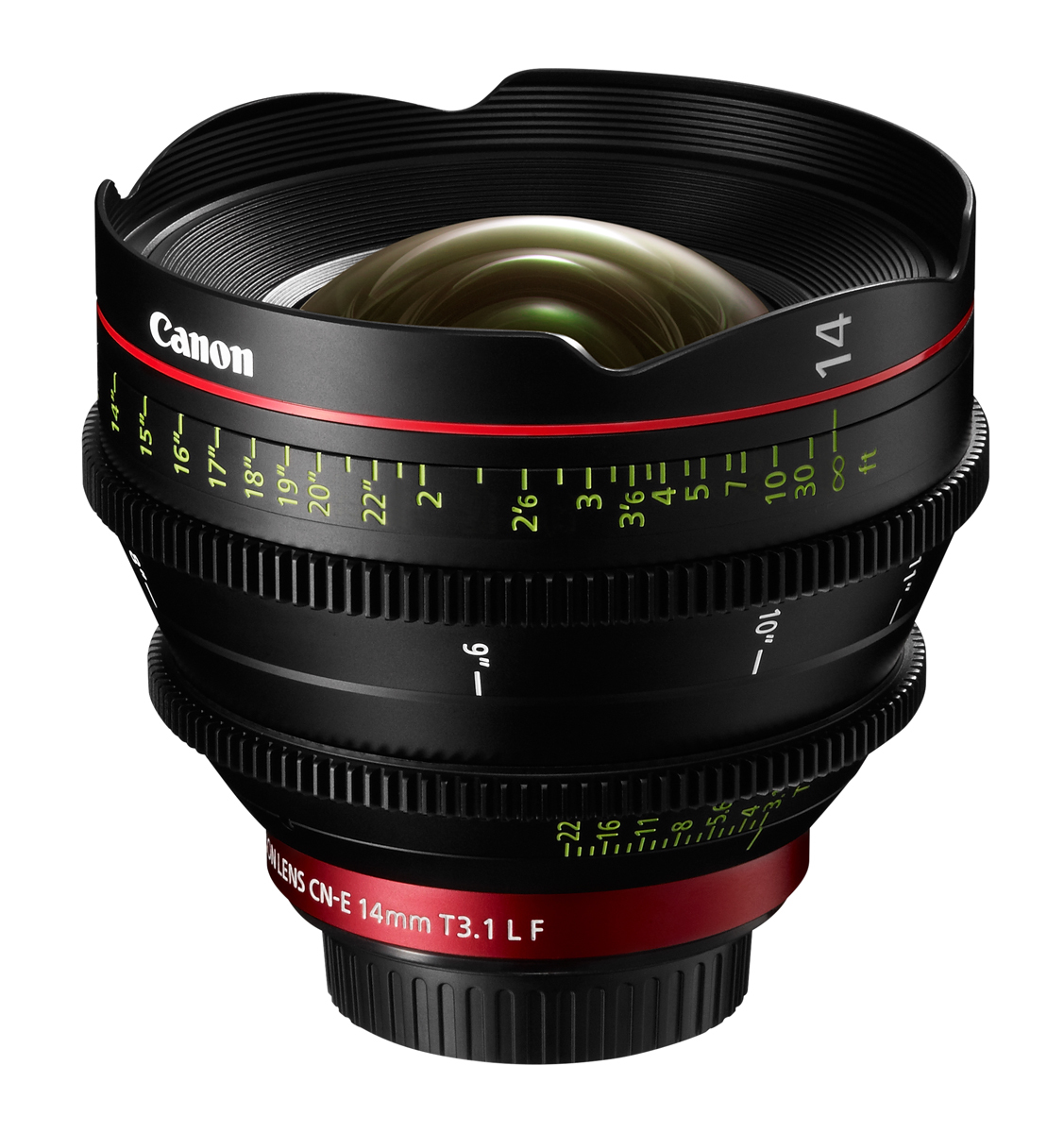 Canon CN-E 14 mm T3.1 L F Cine-Objektiv in schräger Vorderansicht mit sichtbarer Frontlinse und Gegenlichtblende.