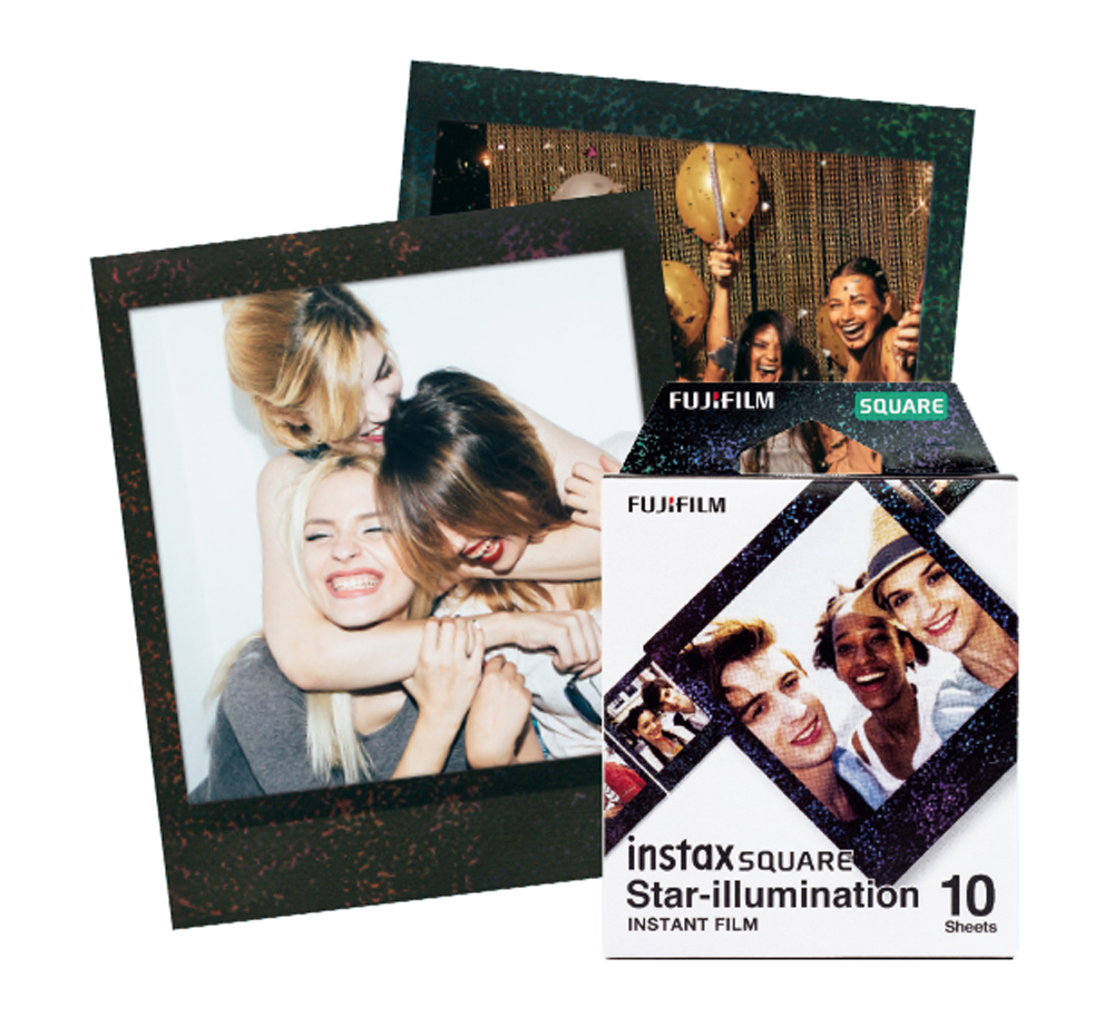 Fujifilm Instax Square Star Illumination Instant Film – schräge Ansicht der Verpackung und Beispiele mit glitzerndem Rahmen, 10 Aufnahmen