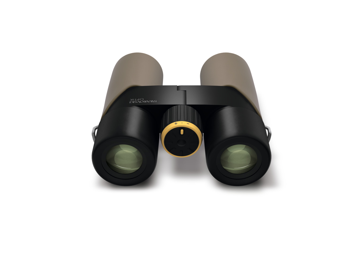 Swarovski CL Companion 8x30/10x30 safari braun – Vorderansicht des Fernglases mit Objektiven und Fokussierrad