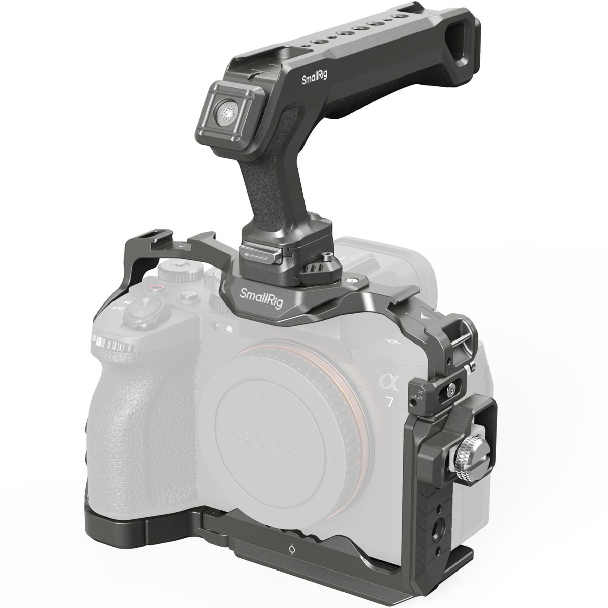 SmallRig 4538 HawkLock QR Kit Cage für Sony Alpha 7R V/IV/7S III – schräge Ansicht mit montierter Kamera
