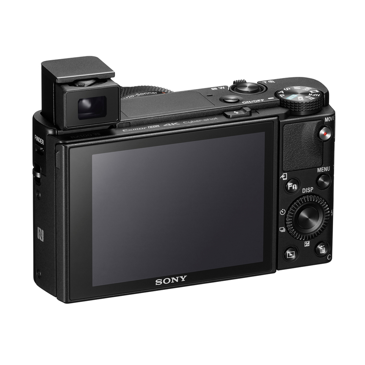 Sony DSC-RX100 VIIA – Rückseite mit Display, Bedienelementen und ausgefahrenem elektronischem Sucher