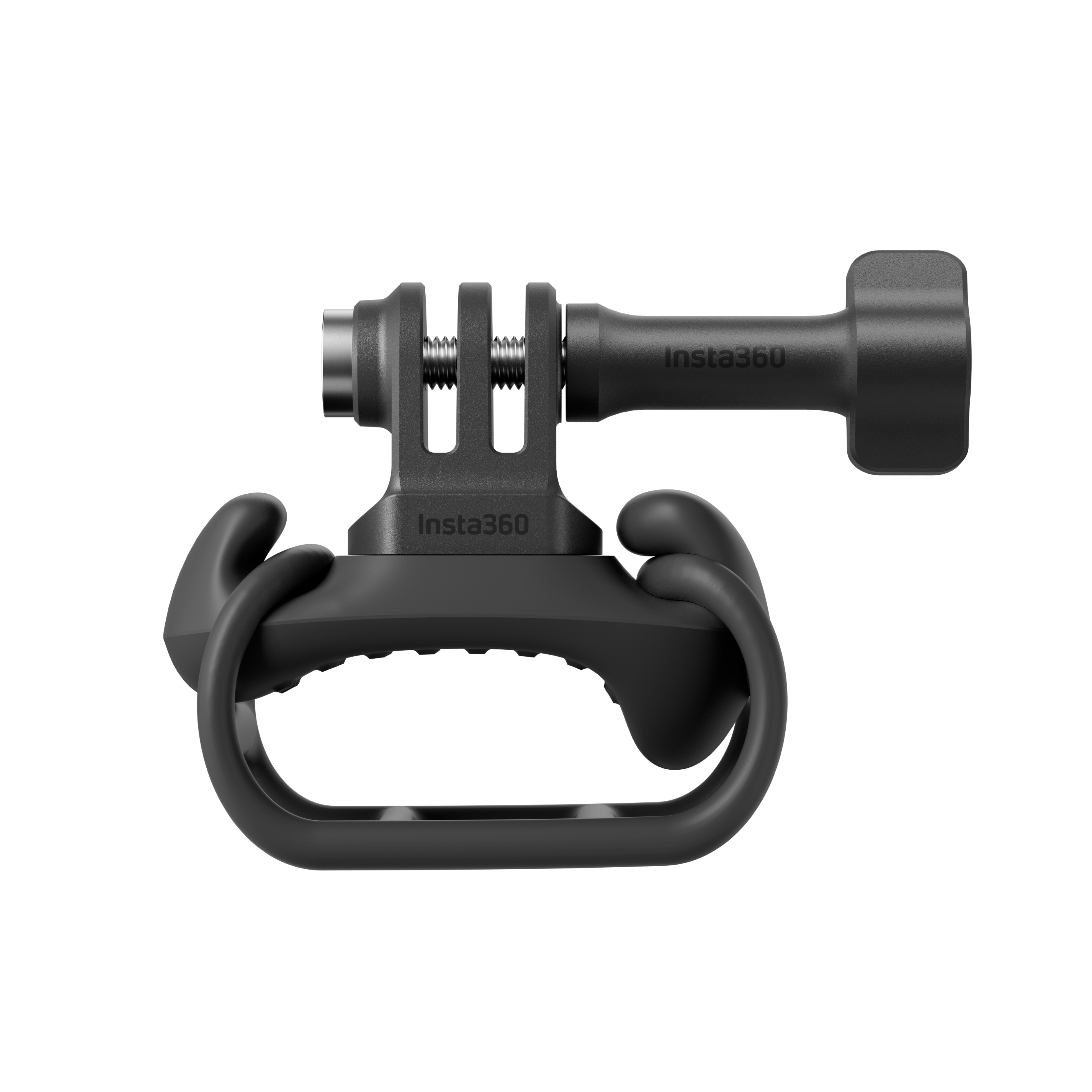 Insta360 Ultra Flexi-Riemen-Halterung Vorderansicht mit Klemmbasis und Schraubadapter für Insta360 GO Ultra