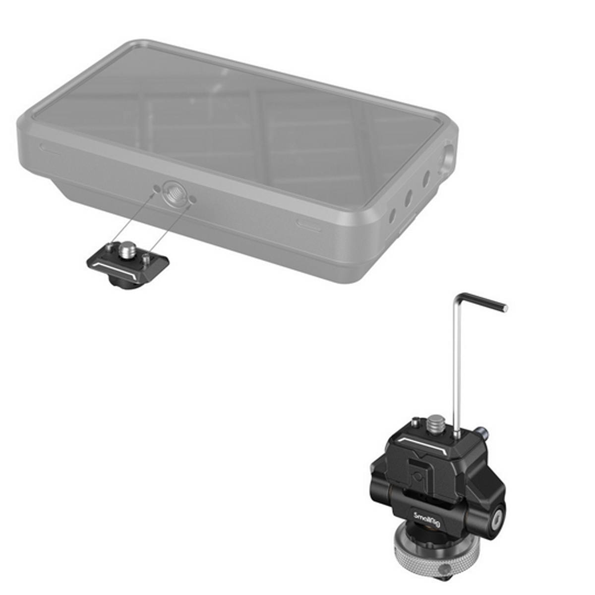 3514C Drop-in HawkLock mit Cold Shoe, mini Schnellwechsel-Monitorhalter 3514C Drop-in HawkLock Mini Schnellwechsel-Monitorhalterung mit Cold Shoe, Anwendungsbeispiel mit Bildschirm