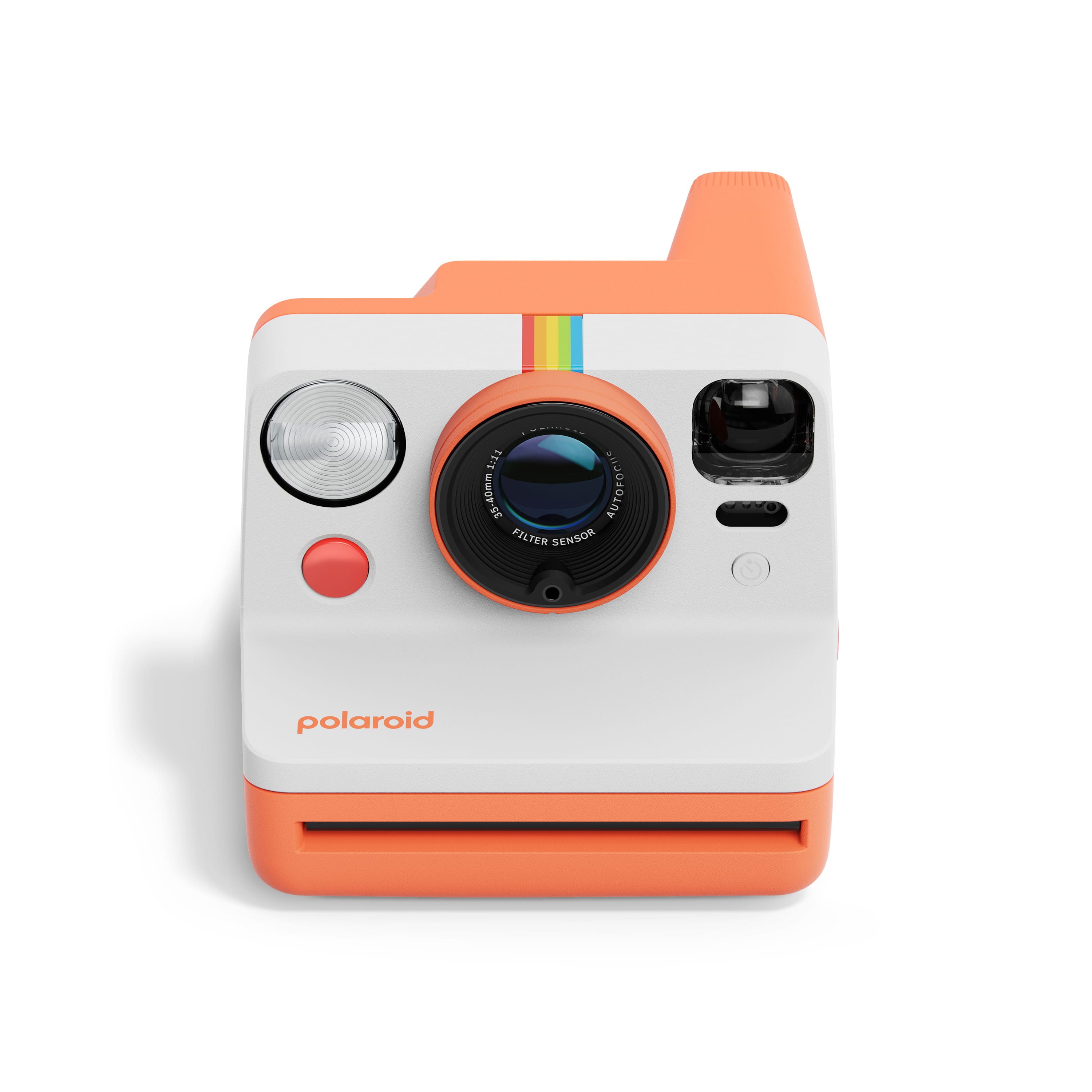 Polaroid Now Gen 3 coral – Vorderansicht mit Objektiv, Blitz, Auslöser und Filmausgabeschlitz