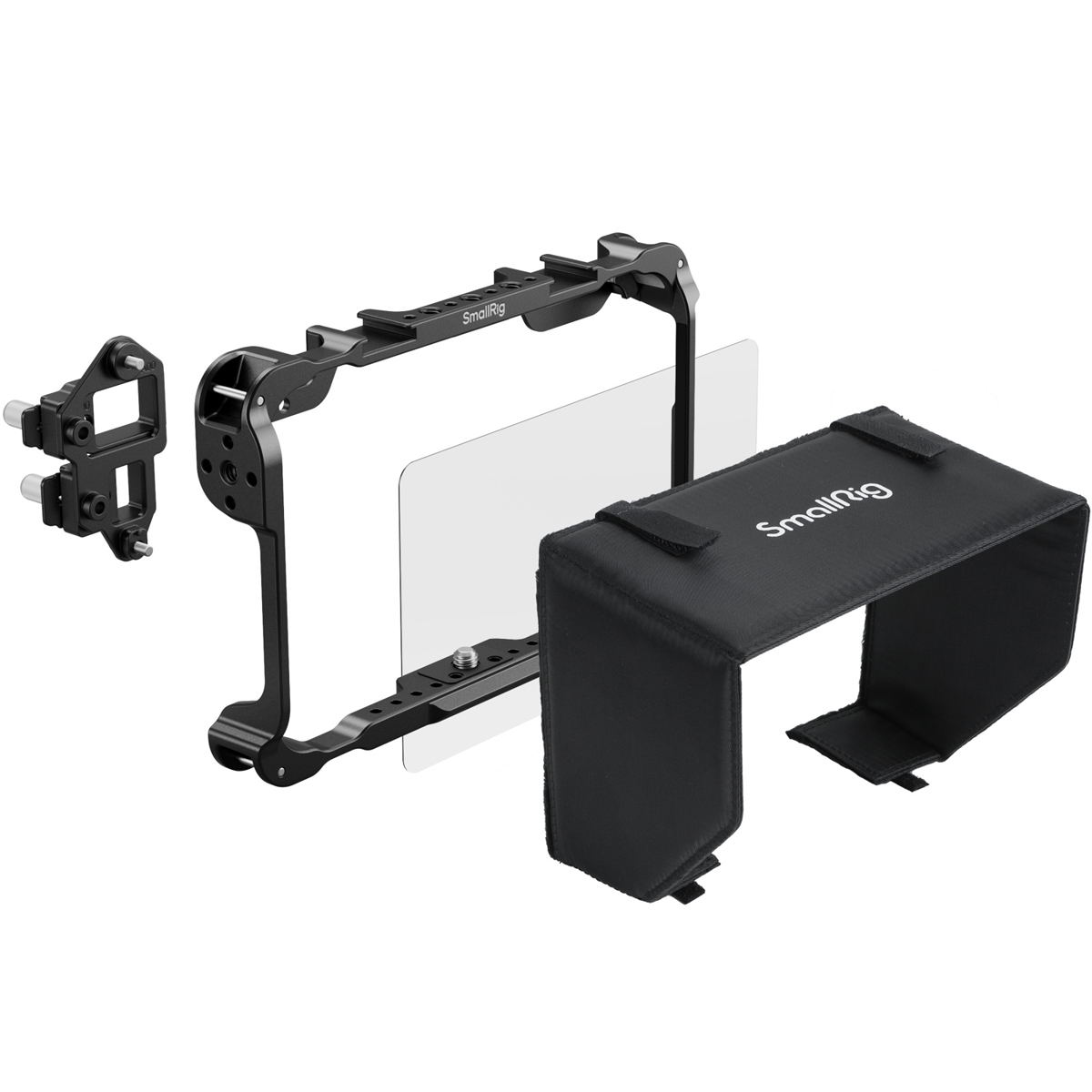 SmallRig 5030 Monitor Cage Kit für Atomos Shinobi II – Explosionsansicht mit Cage, Rahmen und Sonnenblende