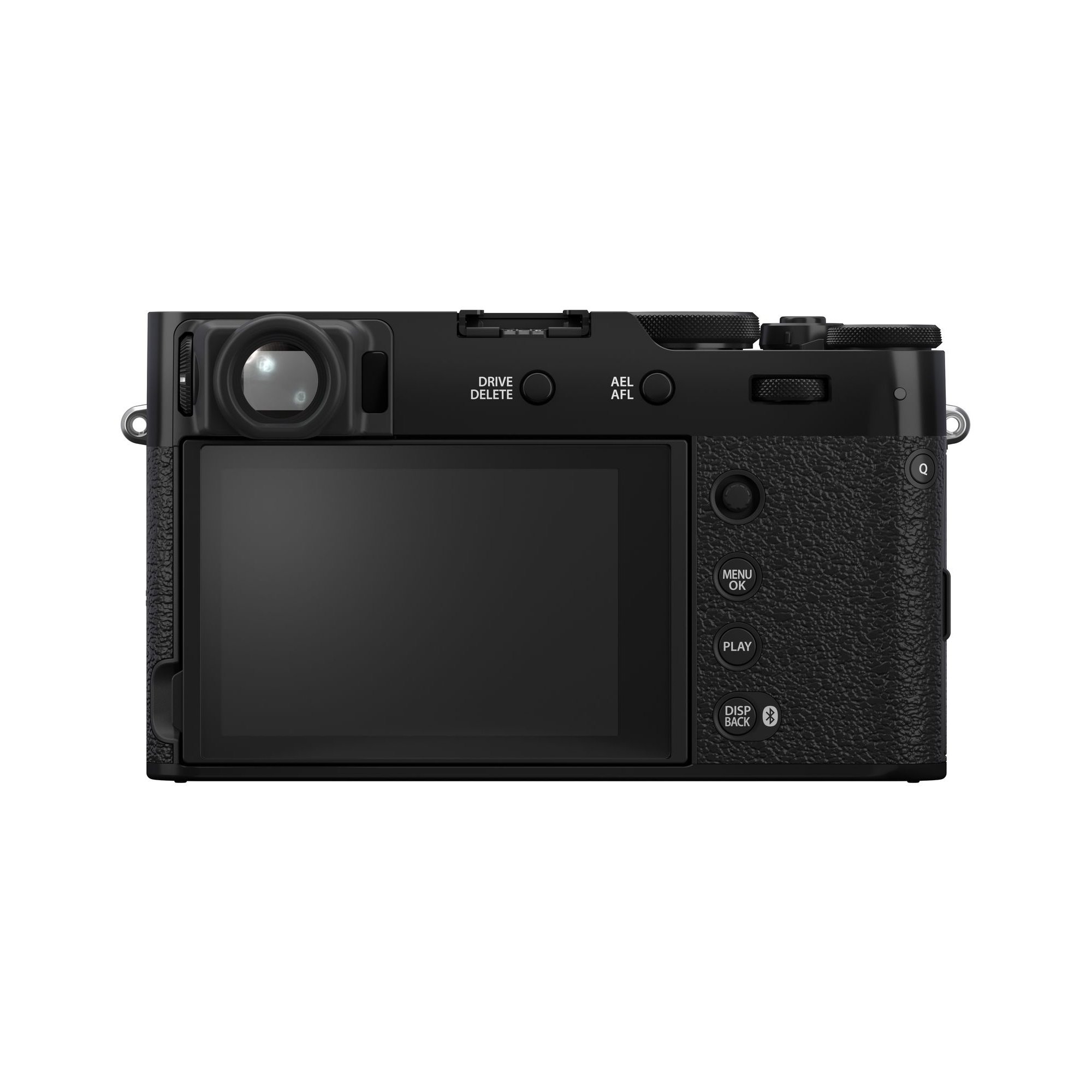 Fujifilm X100VI in Schwarz – Rückseite mit Display, Sucher und Bedienelementen der Kamera