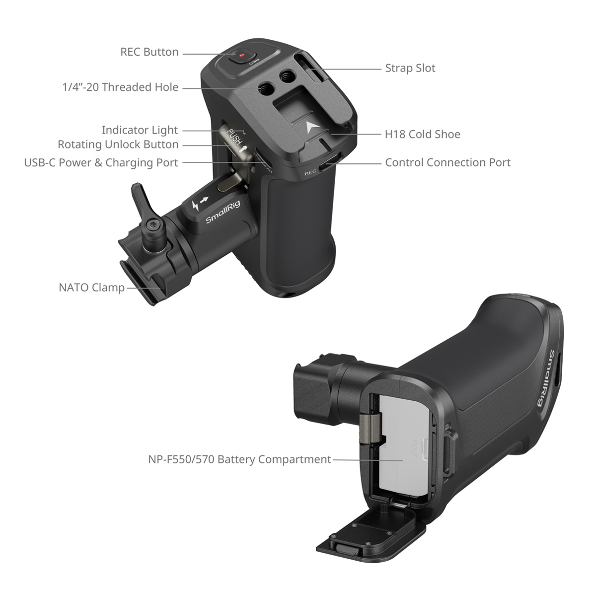 SmallRig 5235 Seitenhandgriff mit REC-Taste – Detailansicht mit Anschlüssen, NATO-Klemme und Bedienelementen