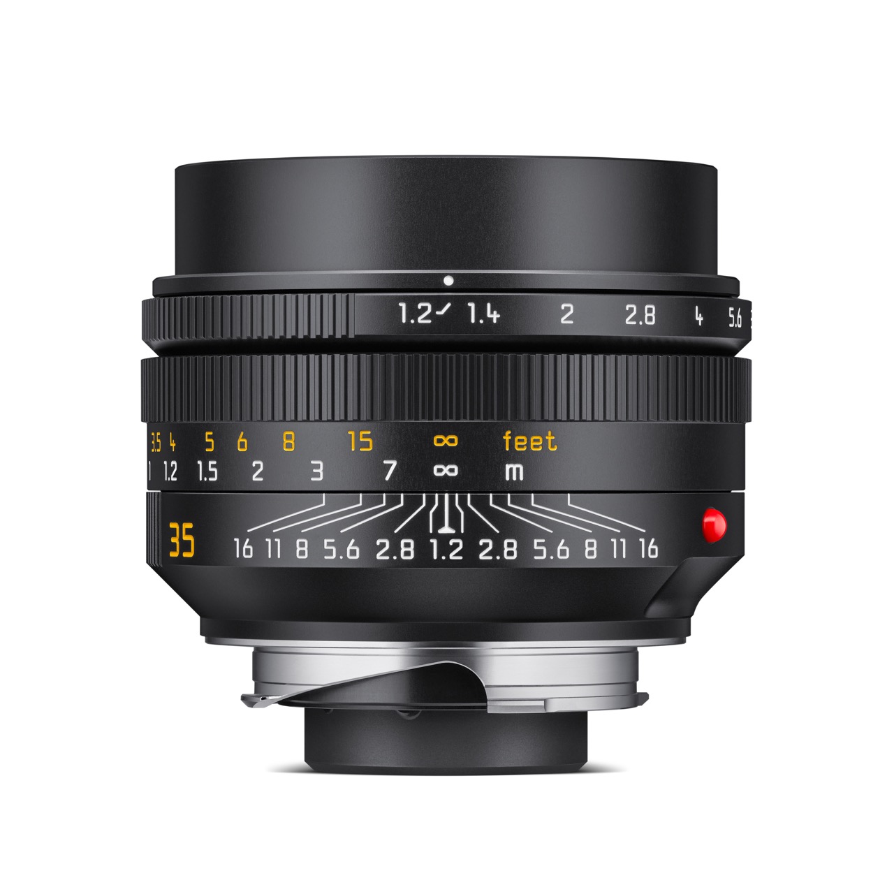 Leica Noctilux-M 35mm F1.2 ASPH Seitenansicht mit Entfernungsskala, Blendenring und Entriegelungstaste