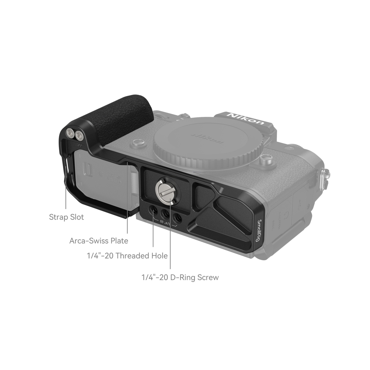 SmallRig 4262 L-Shape Griff für Nikon Zf – Unterseite mit Arca-Swiss Platte, Gewinde und D-Ring Schraube