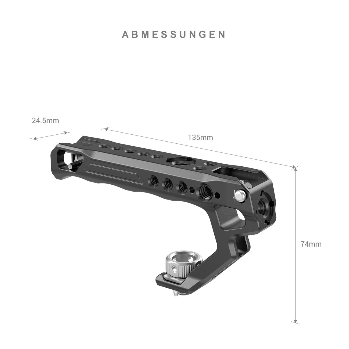 SmallRig 2165C ARRI-Locating-Topgriff – Detailansicht mit Maßangaben und ARRI-Locating-Zapfen