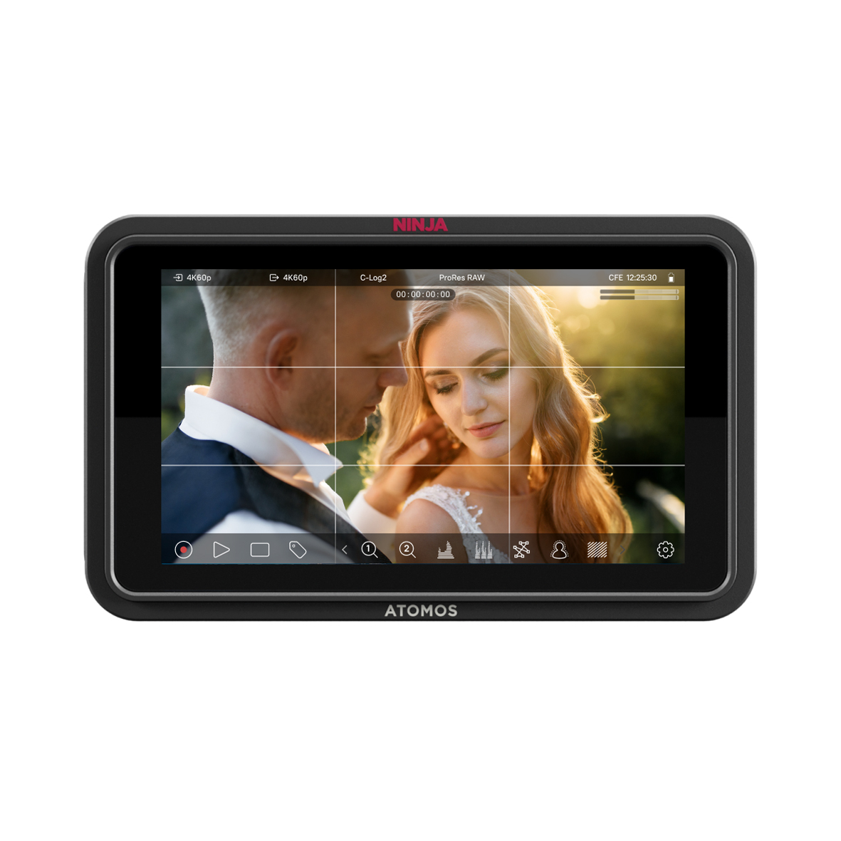 Atomos Ninja TX GO Monitor – Vorderansicht mit Touchdisplay und aktivierter Videoaufnahmeoberfläche