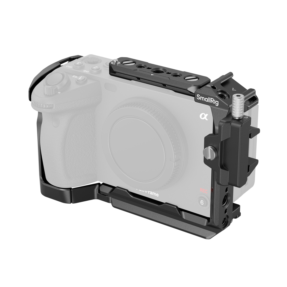SmallRig 4183 Cage für Sony FX3 und FX30 mit Arca-Swiss Basis und Zubehörhalter in schräger Ansicht
