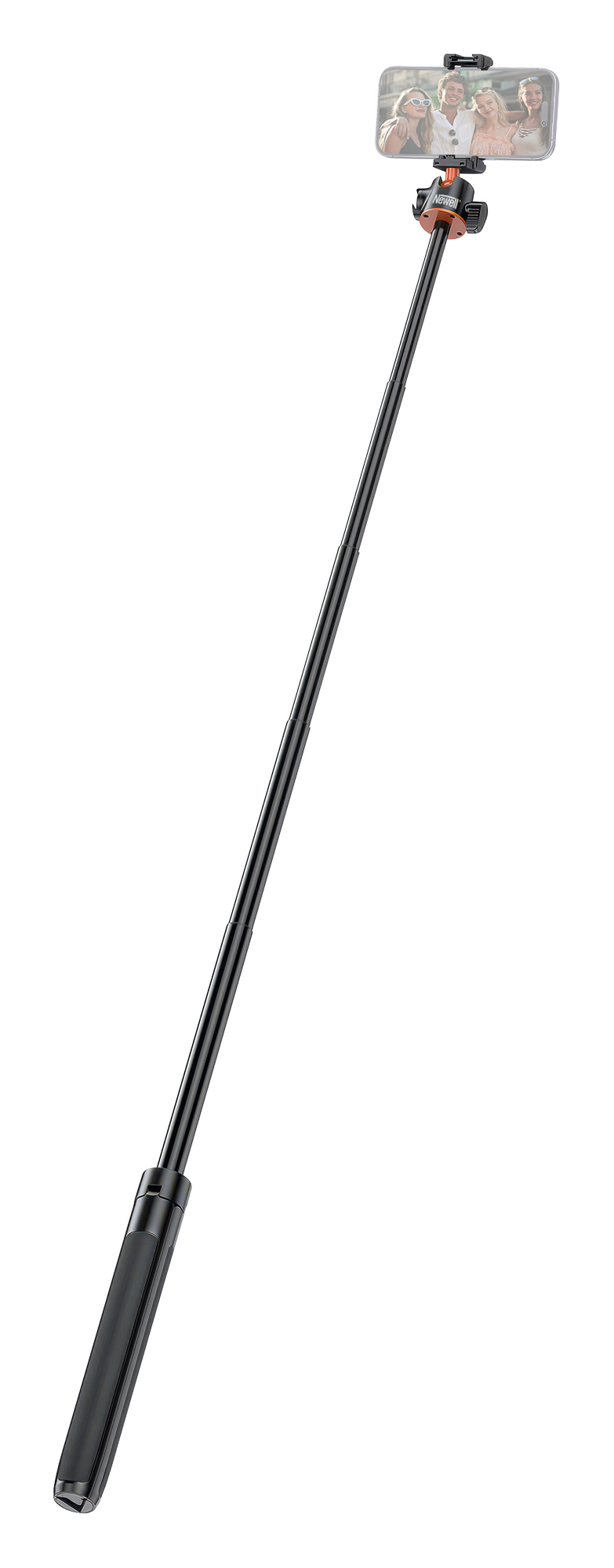 Newell M-Pod – Schräge Ansicht des ausgezogenen Selfie-Sticks mit Smartphone-Halterung