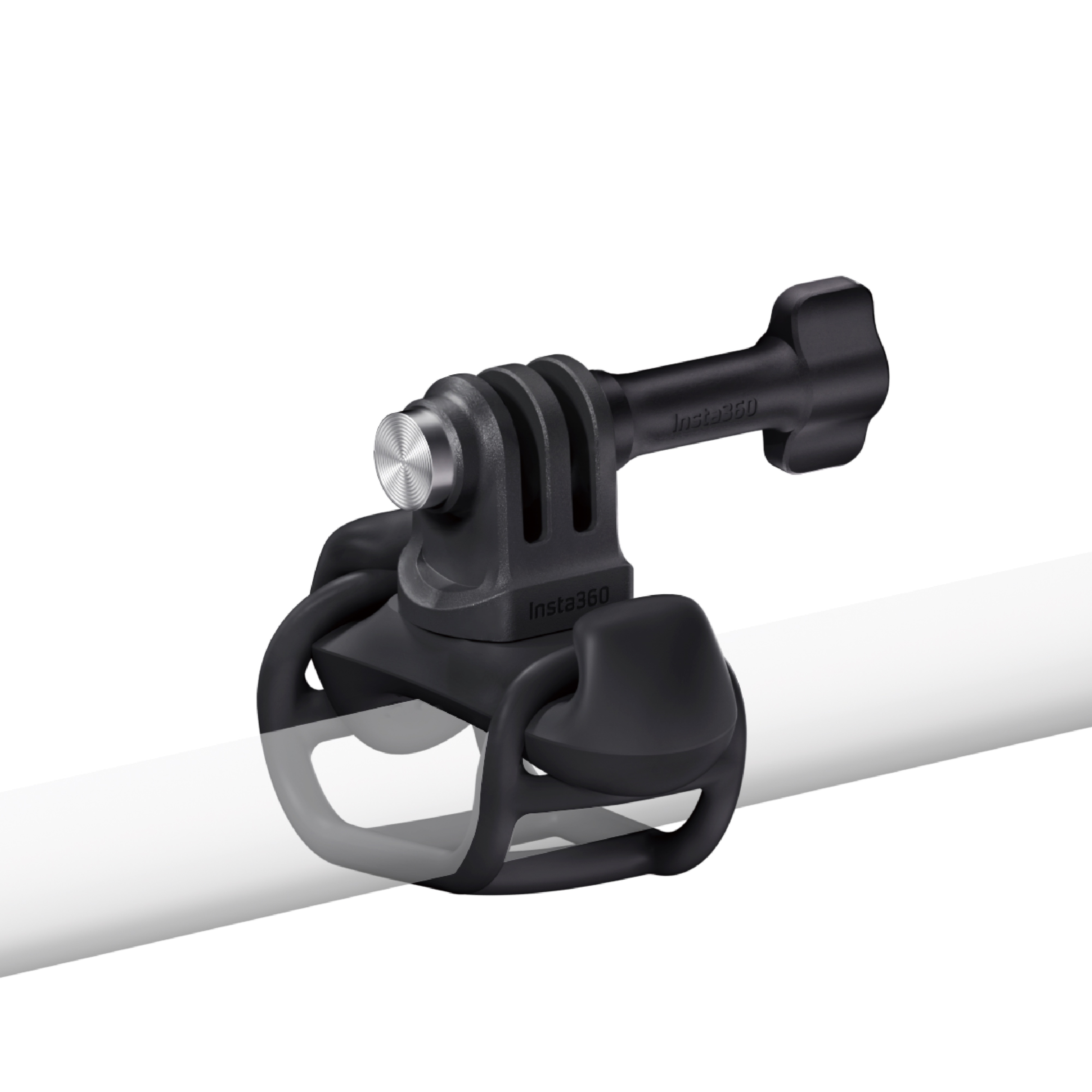 Insta360 Ultra Flexi-Riemen-Halterung in schräger Ansicht, montiert an einer Stange für flexible Befestigung