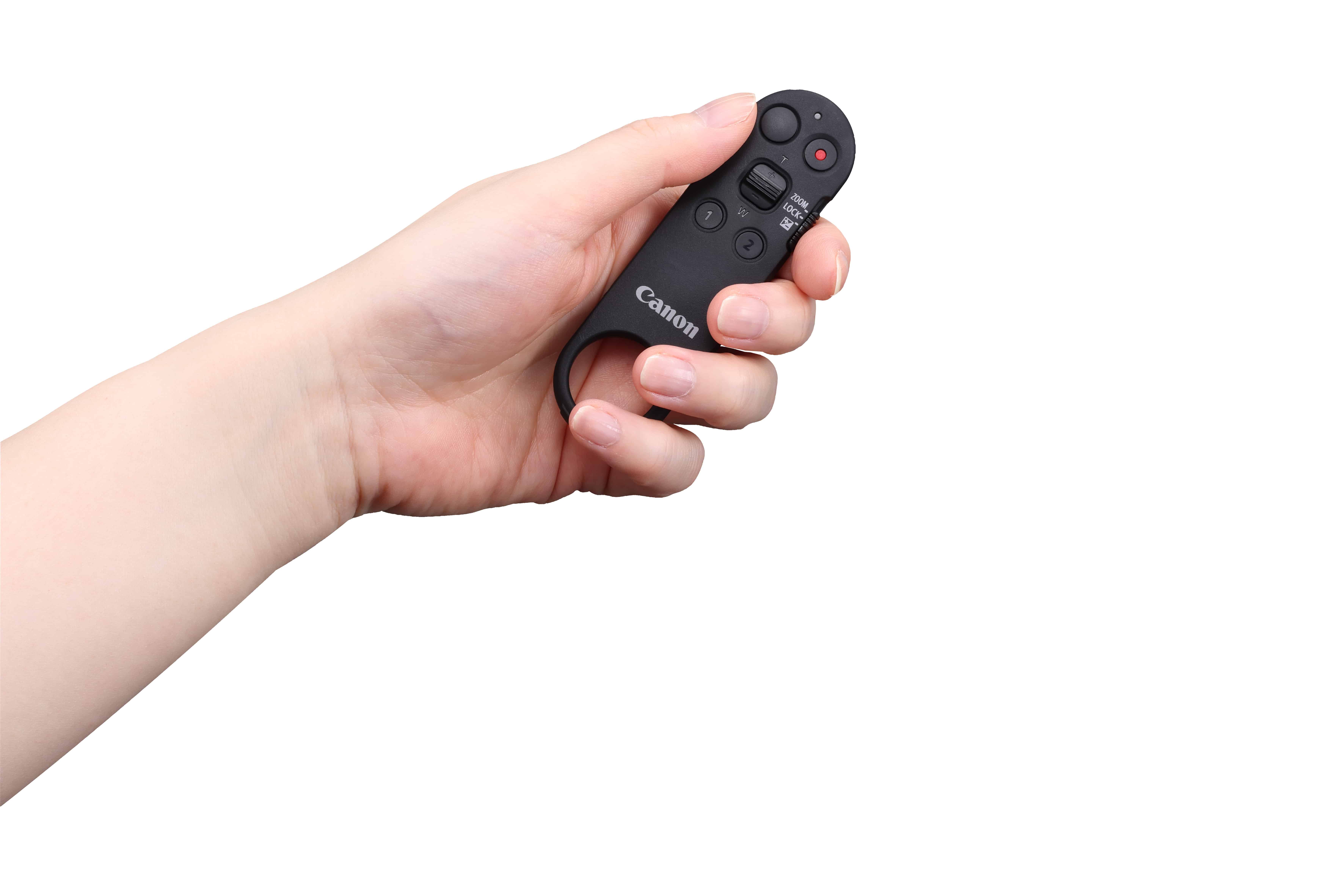 Canon BR-E2 kabelloser Fernauslöser in der Hand gehalten zur Größen- und Bedienungsdarstellung