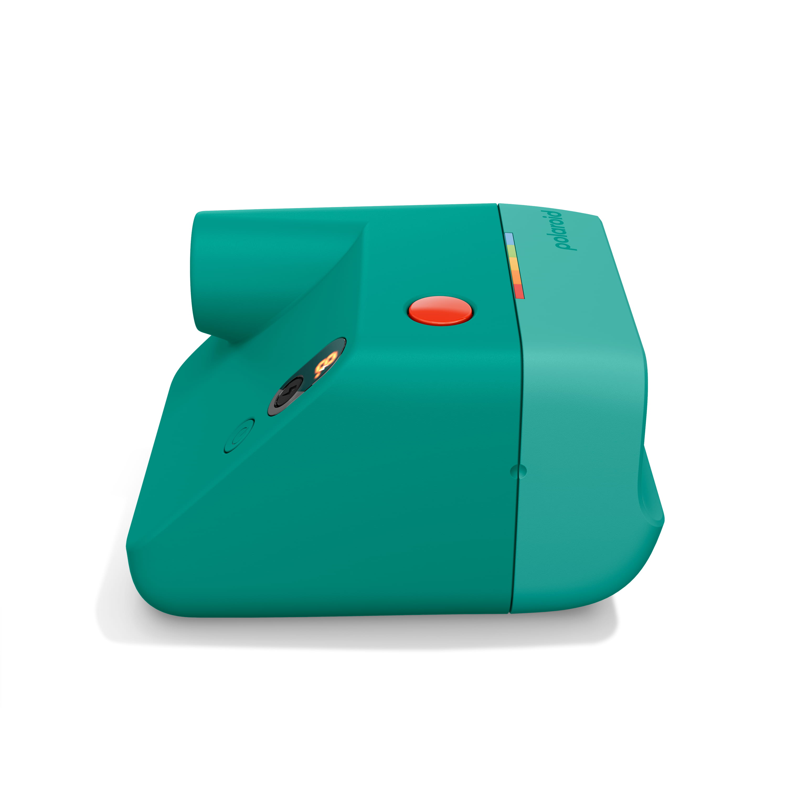 Linke Seitenansicht der Polaroid Go Generation 3 in Türkis mit Gehäuseprofil und Bedienelementen