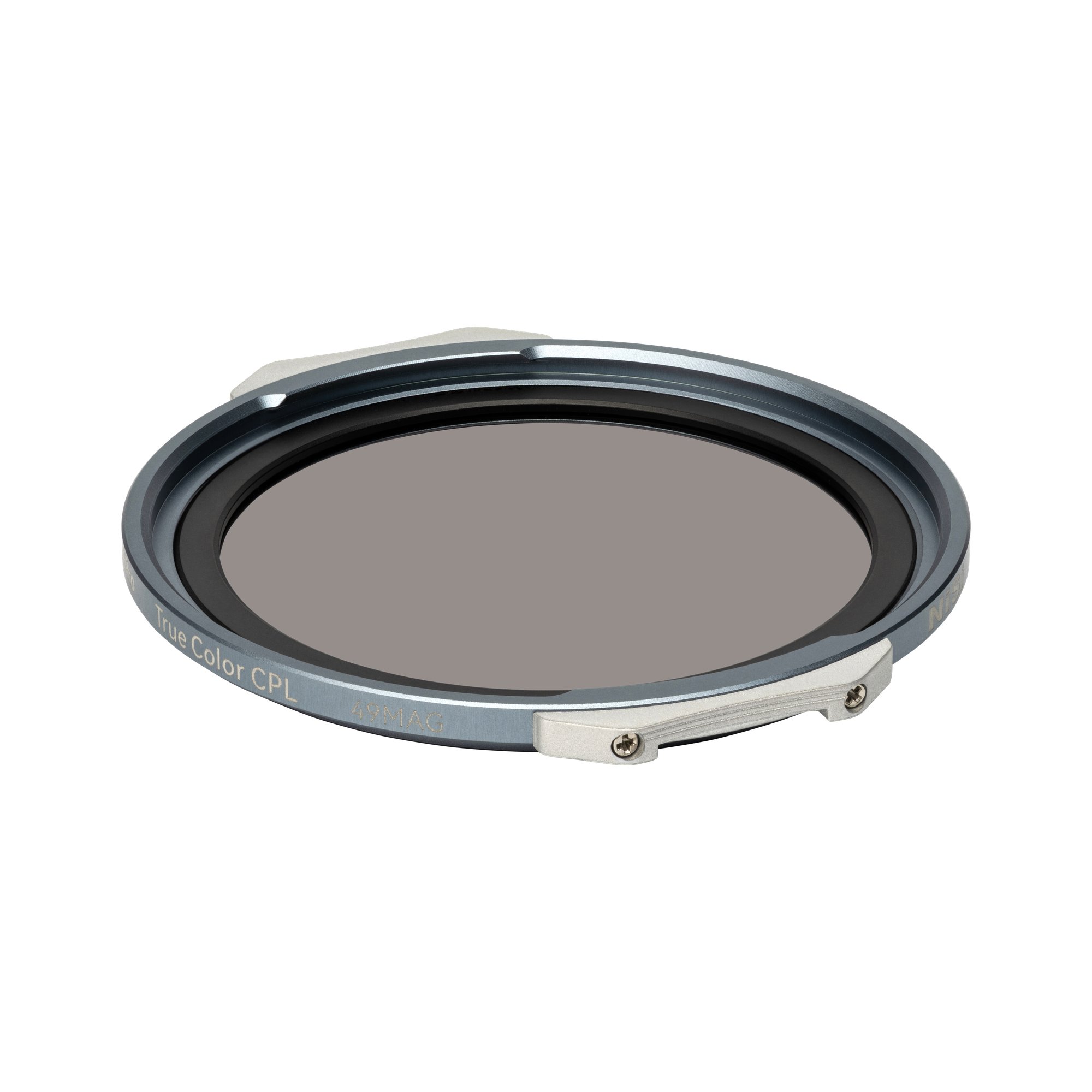 NiSi JetMag Pro True Color CPL Filter (49MAG) in flacher Schrägansicht mit polarisiertem Filterglas.