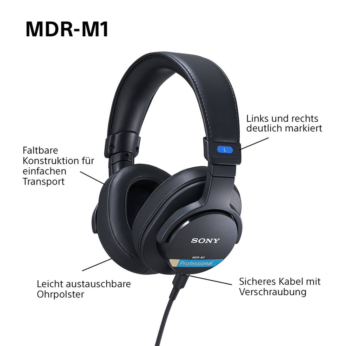 Sony MDR-M1 geschlossene Studio-Kopfhörer mit markierten Produktdetails und Bedienelementen